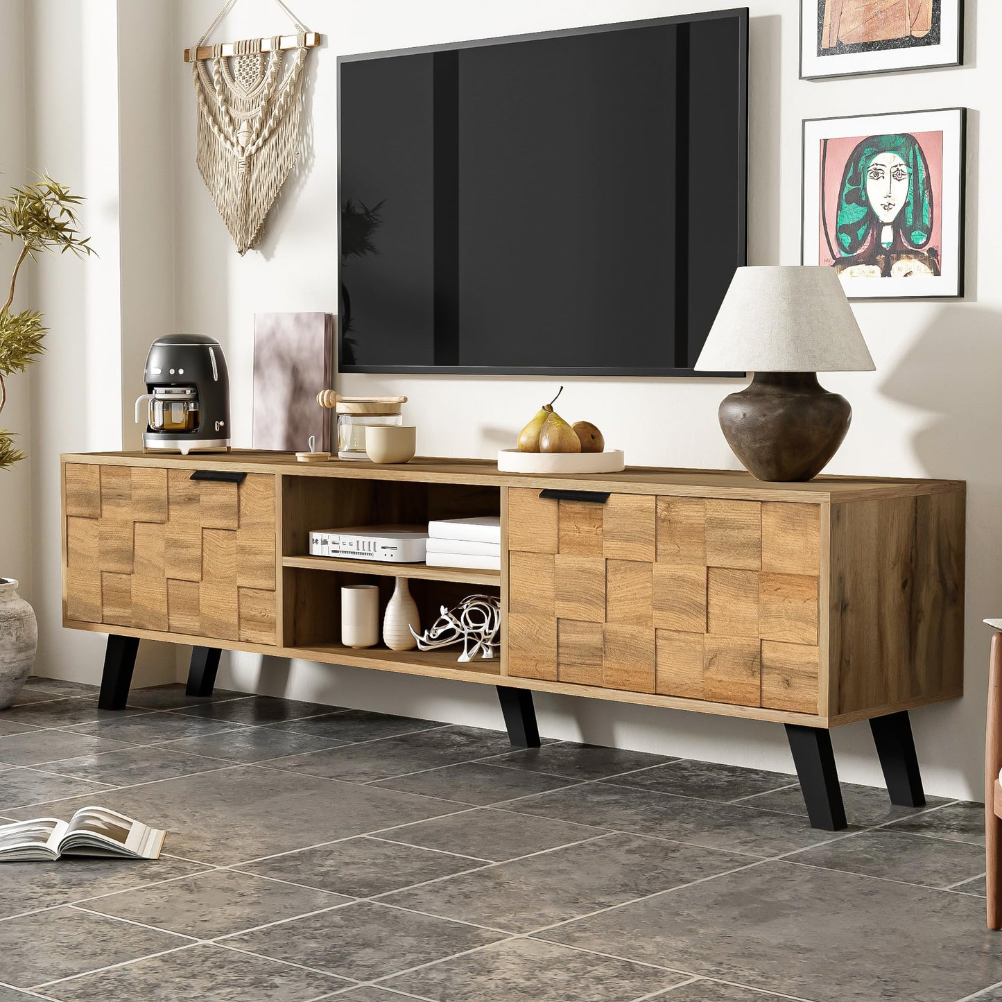 Ball & Cast Modern TV Cabinet with 2 Doors and 2 Open Shelves – 160.5 x 35.5 x 45 cm(Color May Vary Slightly Depending on Lighting)