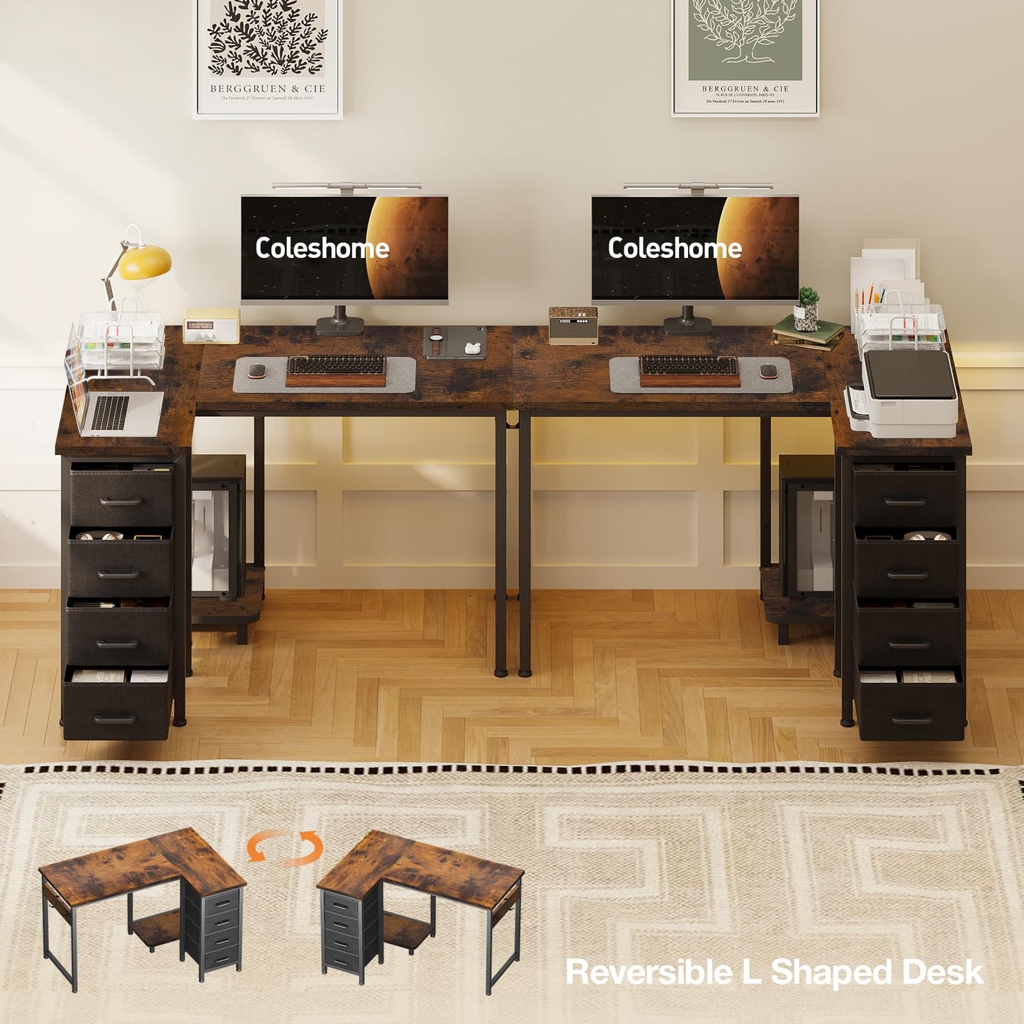 Coleshome Small Corner Desk with Drawers for Home Office, 100x70 cm, Brown