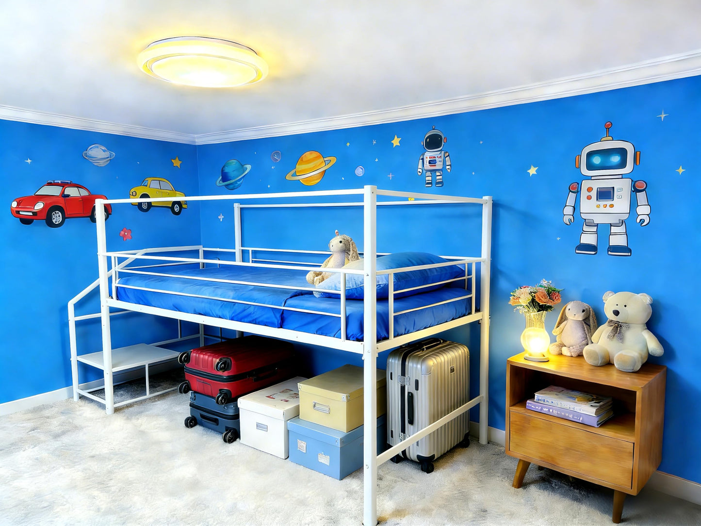XINBEDEU Single Low Loft Bed with Storage Stairs, Metal Mid Loft Bed Frame with Safety Guardrails, Space-Saving Design for Bedroom