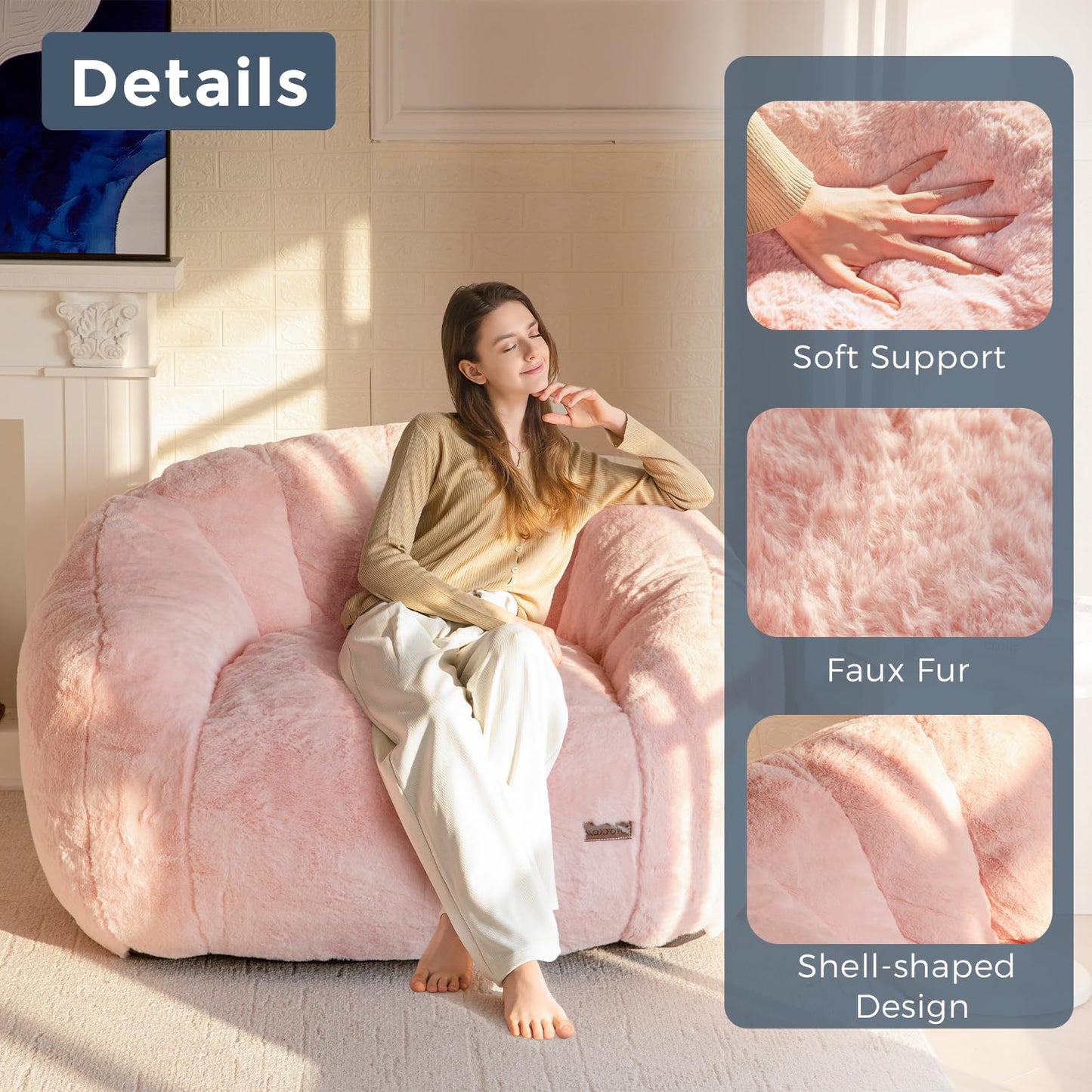 MAXYOYO Giant Bean Bag Chair,Faux Fur Shell Shaped Bean Bag Sofa with Filler,Soft Beanbag Sofa Giant Size for Living Room Bedroom