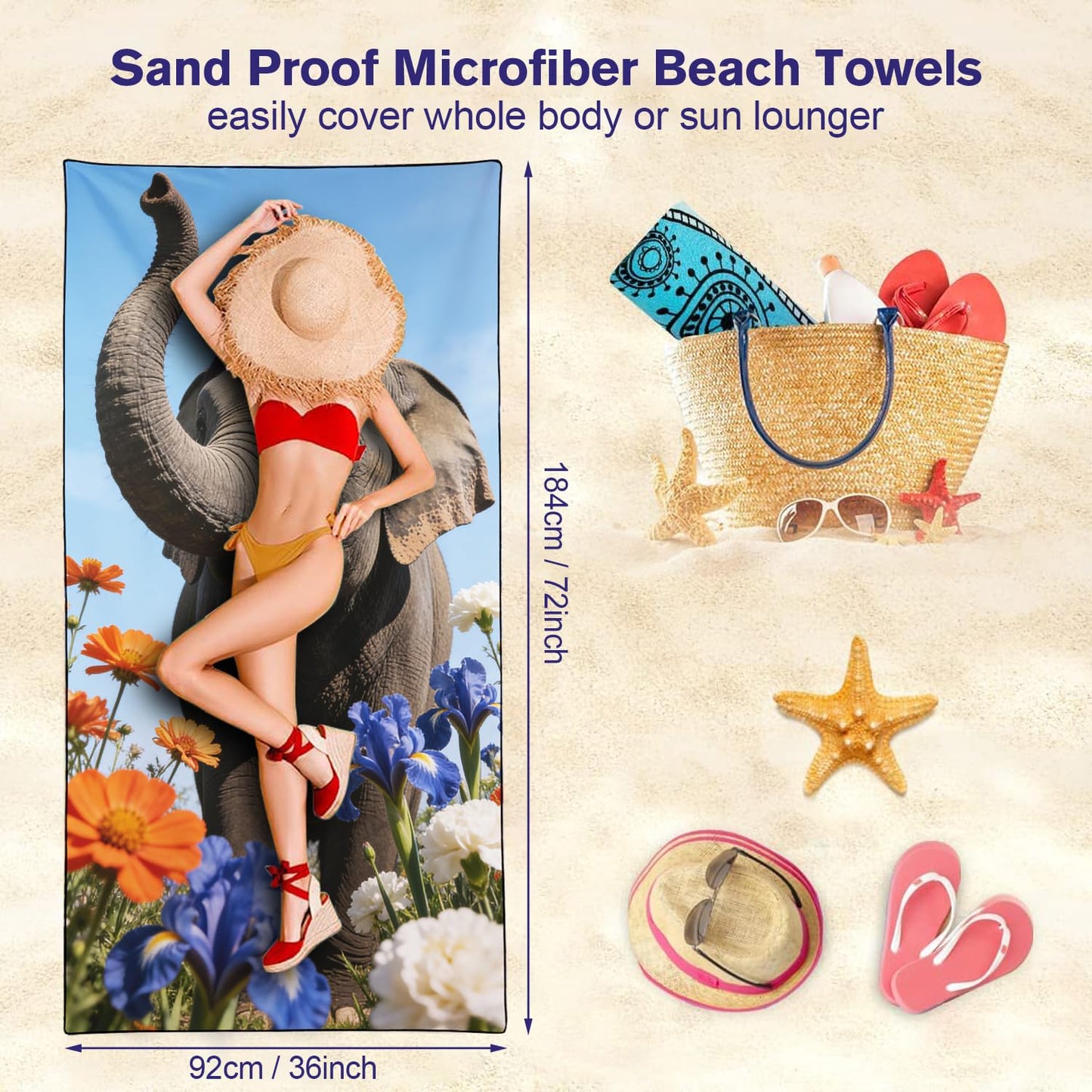 Violetpos Elephant in Irises & Cosmos Beach Towel, Extra Large 180x90 cm 250GSM Microfibre, Sand Free Quick Dry