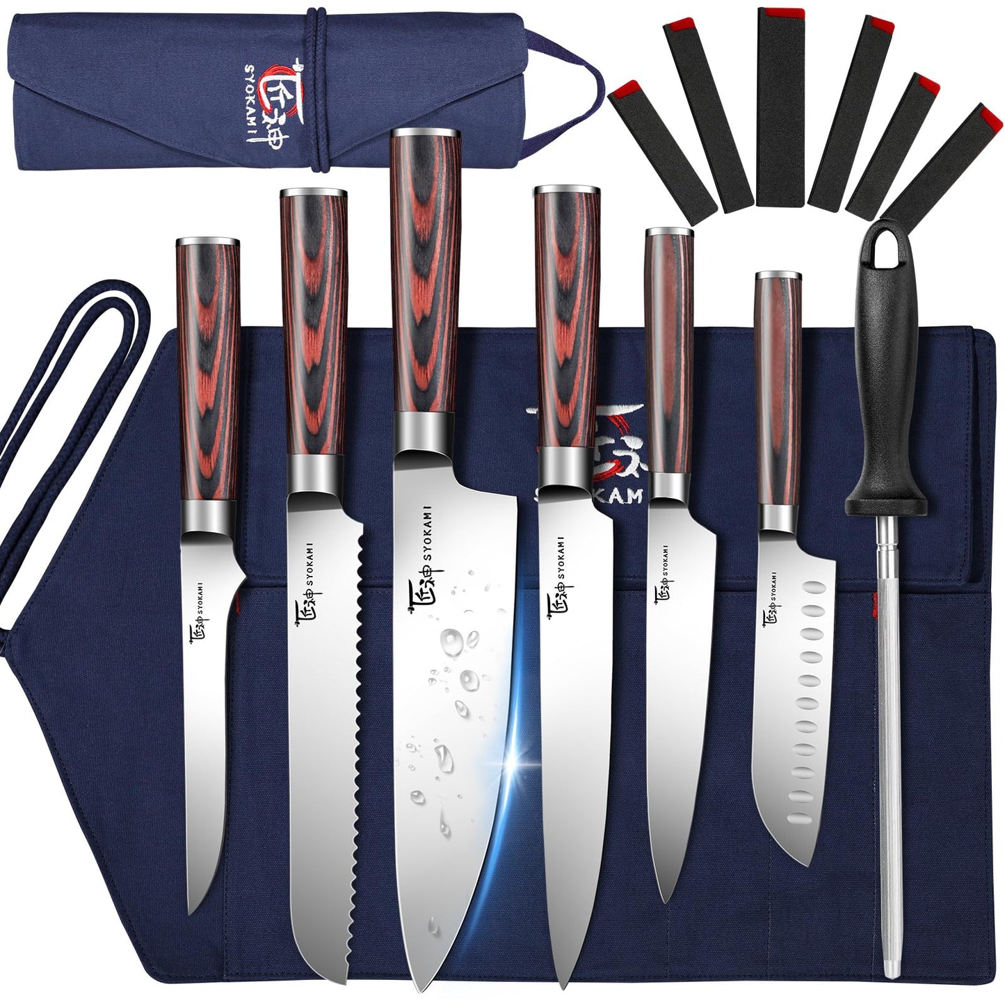 SYOKAMI Knife Set, 9 Piece Japanese Kitchen Chef Knife Sets with Roll Bag, Professional Wooden Handle, High Carbon Steel Kitchen Knives with Case for