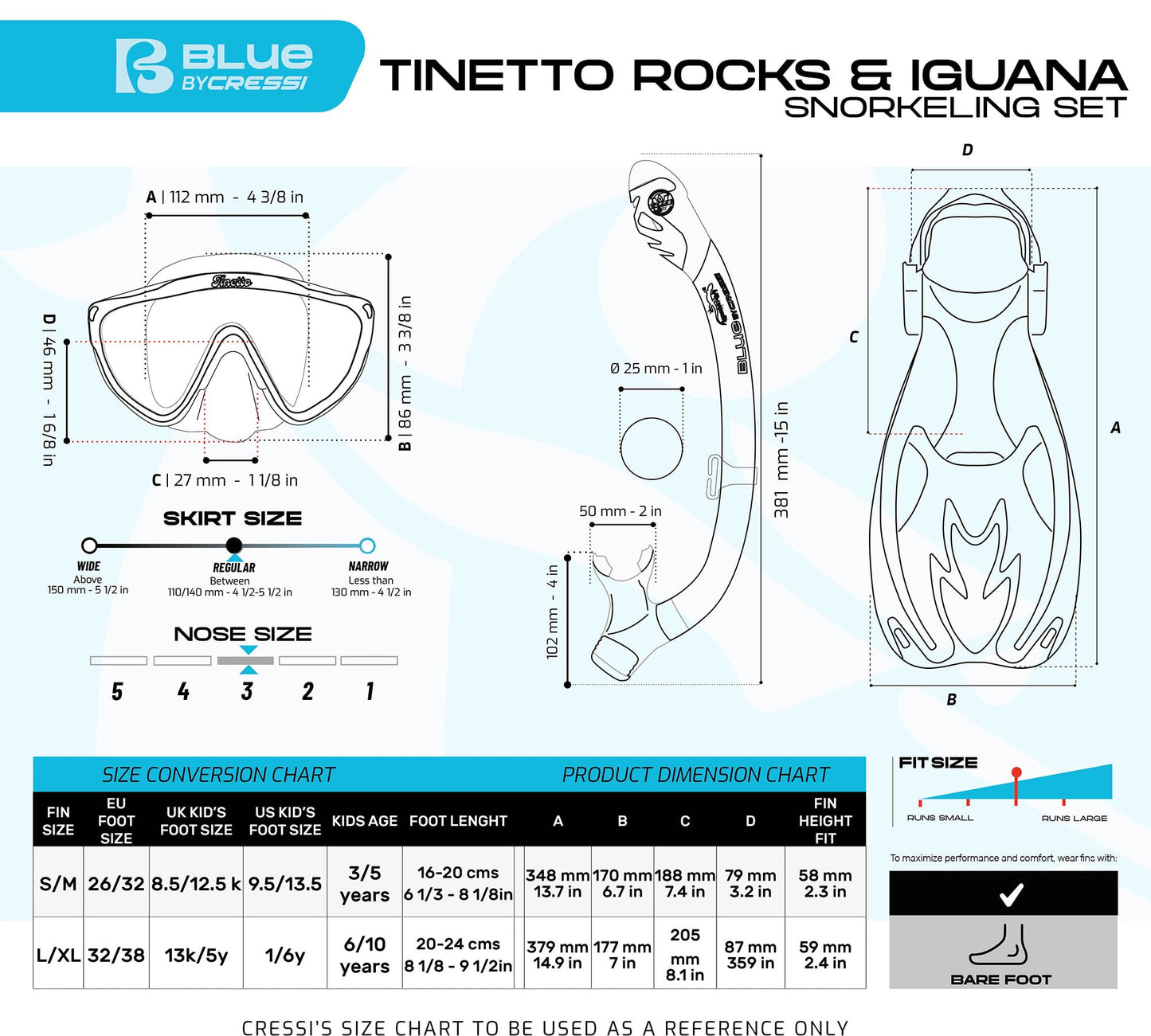 CRESSI Tinetto Rocks Dry Set Blue Navy/Ice Cyan S/M - Kids Snorkeling Set Short Adjustable Fins, Silicone Mask, and Dry Snorkel, Blue Navy/Ice Cyan,