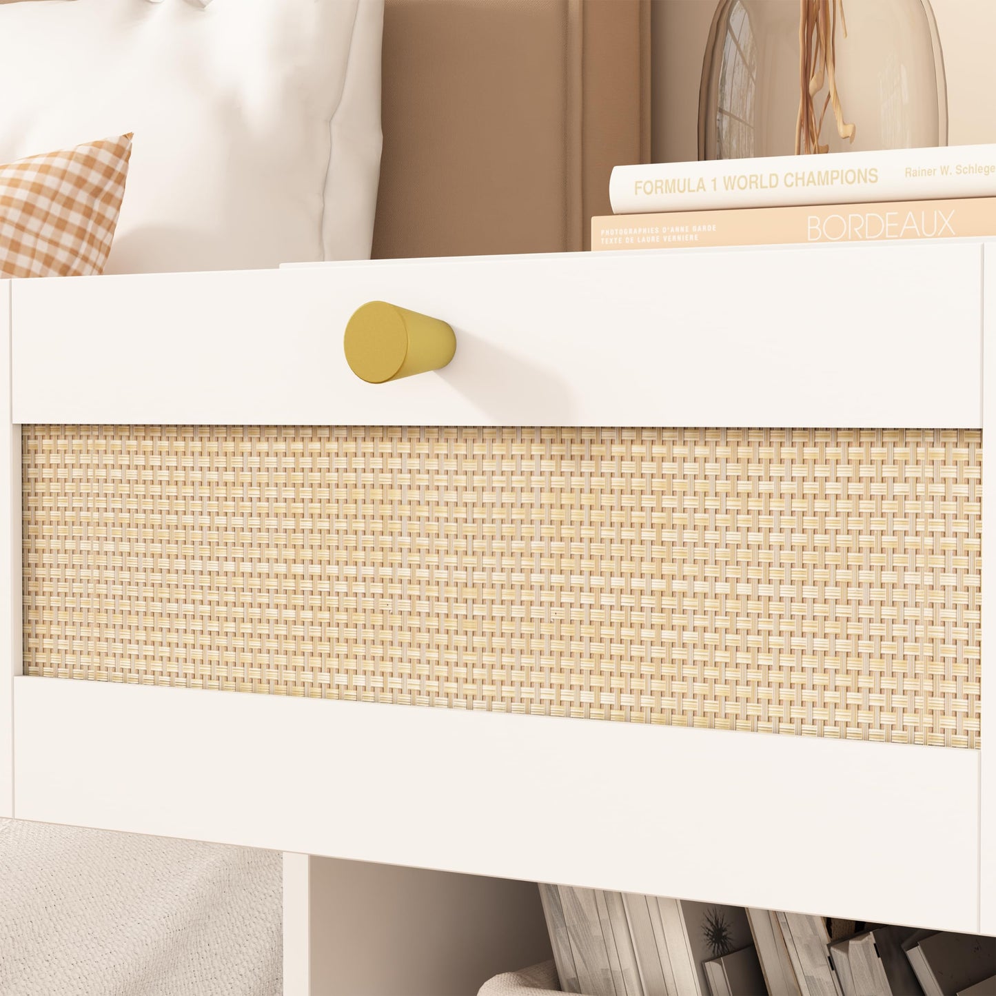 JERX Rattan Bedside Table, Farmhouse Wood Nightstand with Storage Drawer and Open Shelf Small Bedside Cabinet for Bedroom,Living Room,Office White