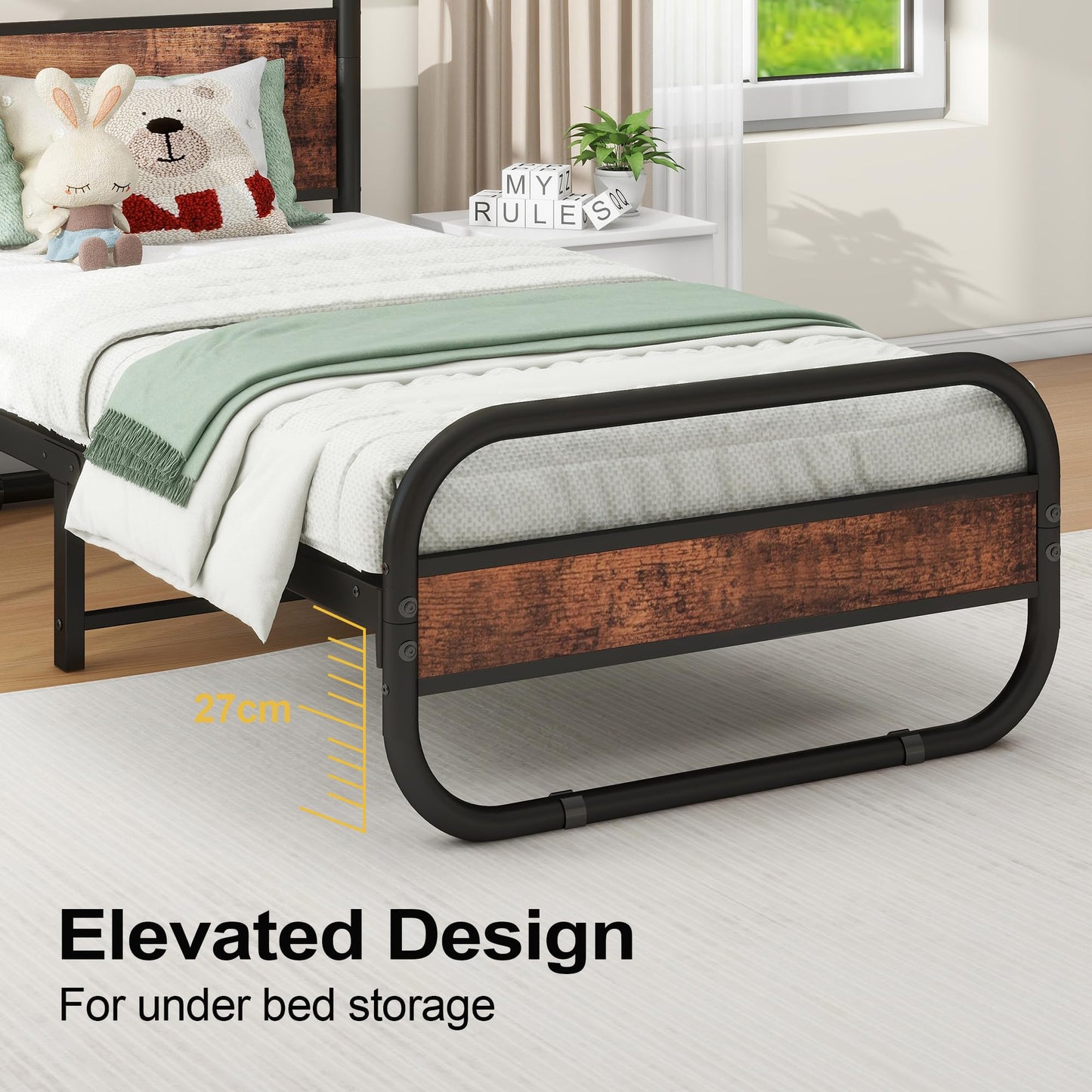 Diahomy 3ft Single Bed Frame, 90x190cm Metal Platform Bed, Bed Base,Brown