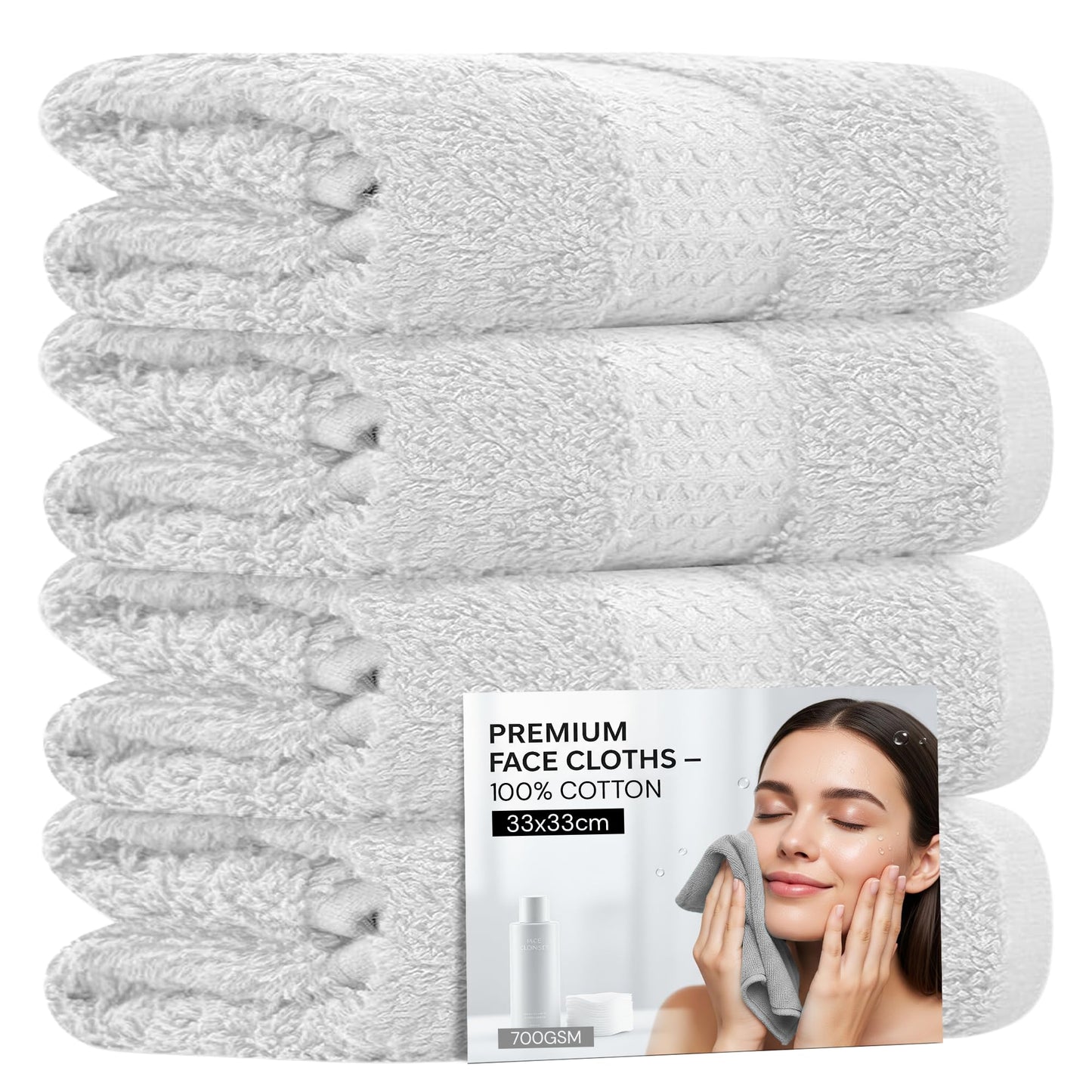 Towelogy? 4 Pack Face Cloths ? 100% Combed Cotton Flannels 33x33cm ? Soft Facial Towels for Cleansing, Makeup Removal & Skincare (4, White)