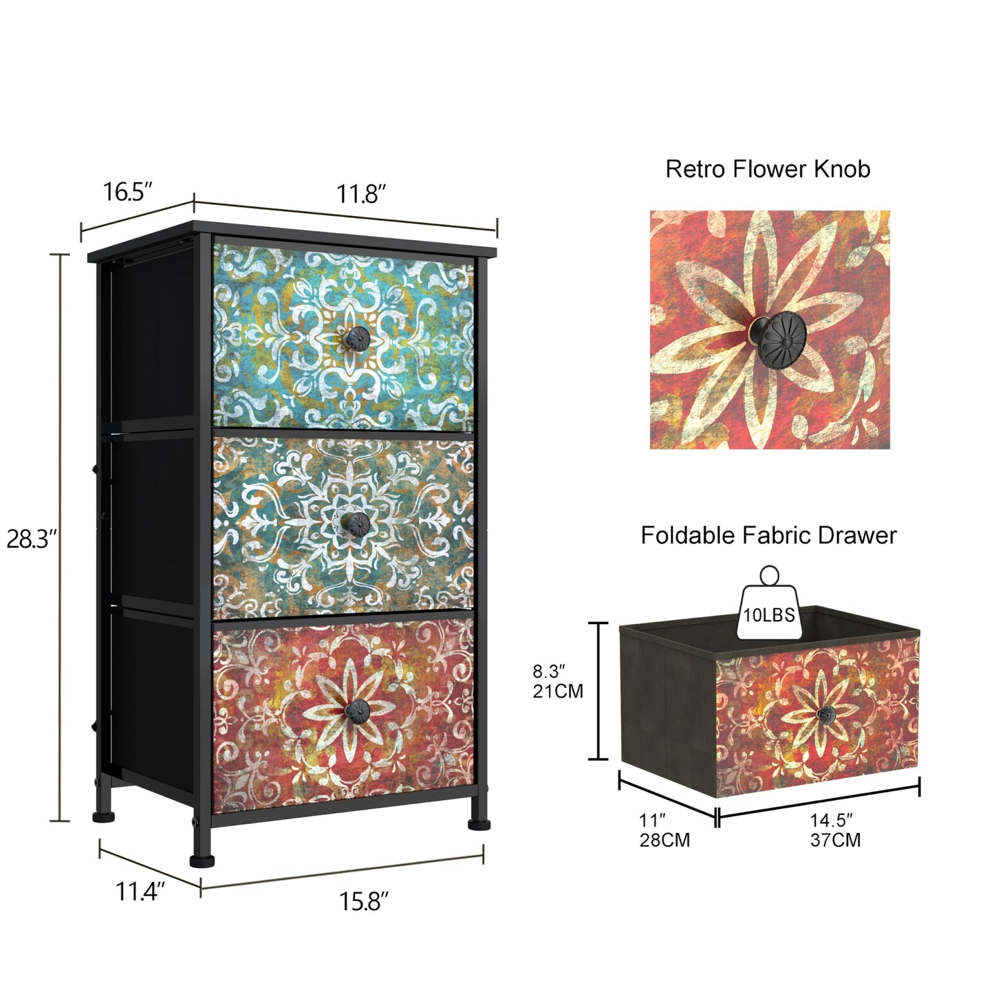 Welfuturer Chest of Drawers Bedroom with 3 Fabric Drawers Bohemian Print, Small Storage Unit Nightstand End Table with Wood Top Metal Frame for