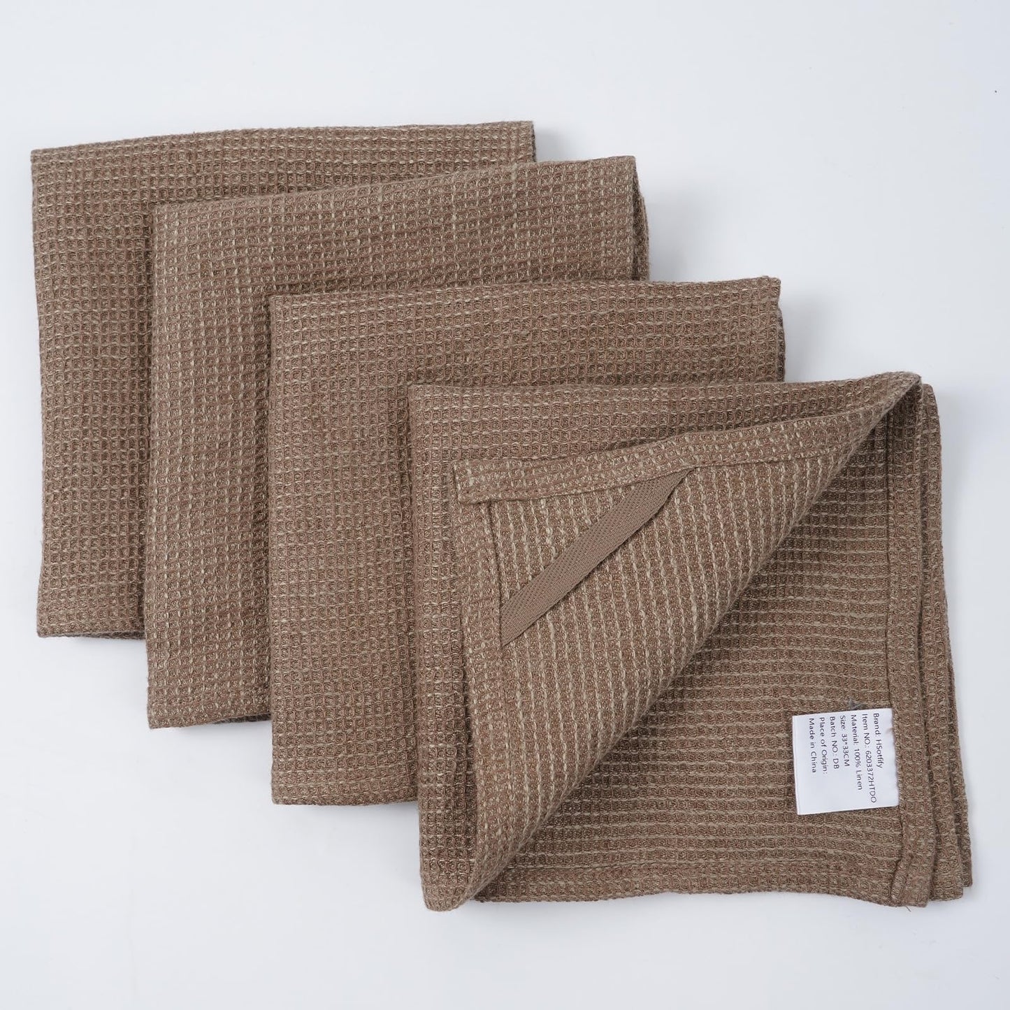HSOFTIFY 100% Pure Linen Washcloths with Waffle Weave 4 Pack, Coffee