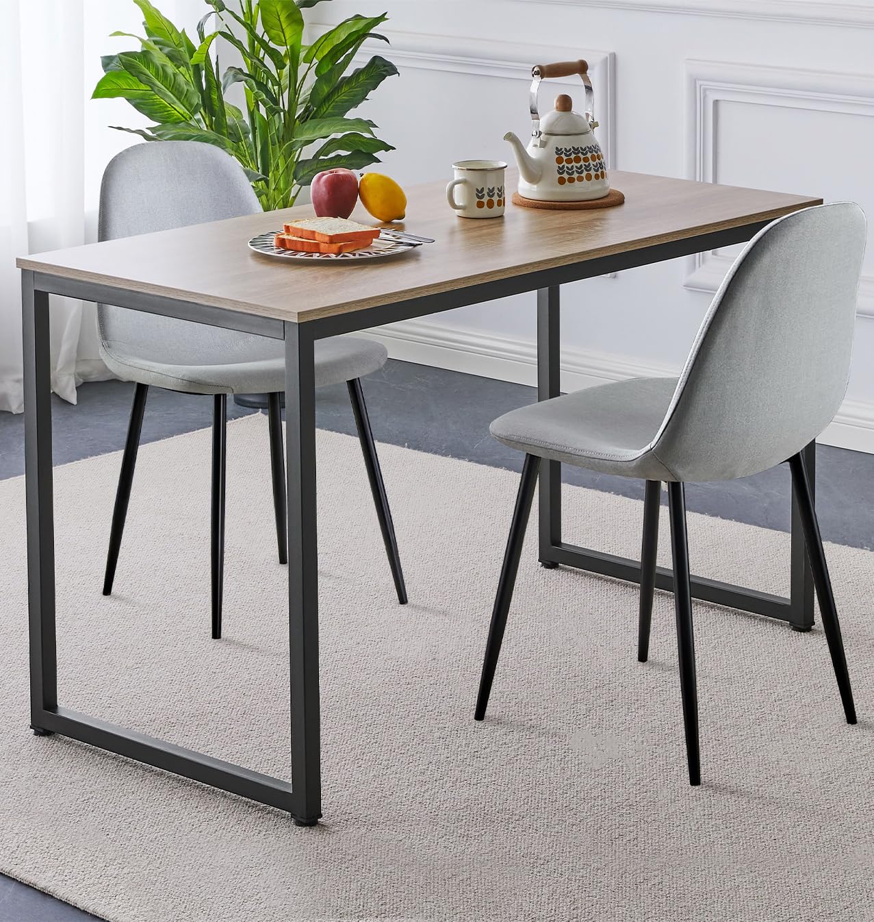 Hallowood Furniture Kempley Small Dining Table and 2 Chairs Set, Rectangular Kitchen Table and Chairs in Light Grey Fabric and Black U-Shaped Metal