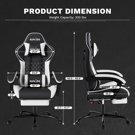 SUKIDA Gaming Chair, Ergonomic Computer Chairs with Footrest, Comfy Office Chair with Headrest, Massage Gaming Chair for Adult