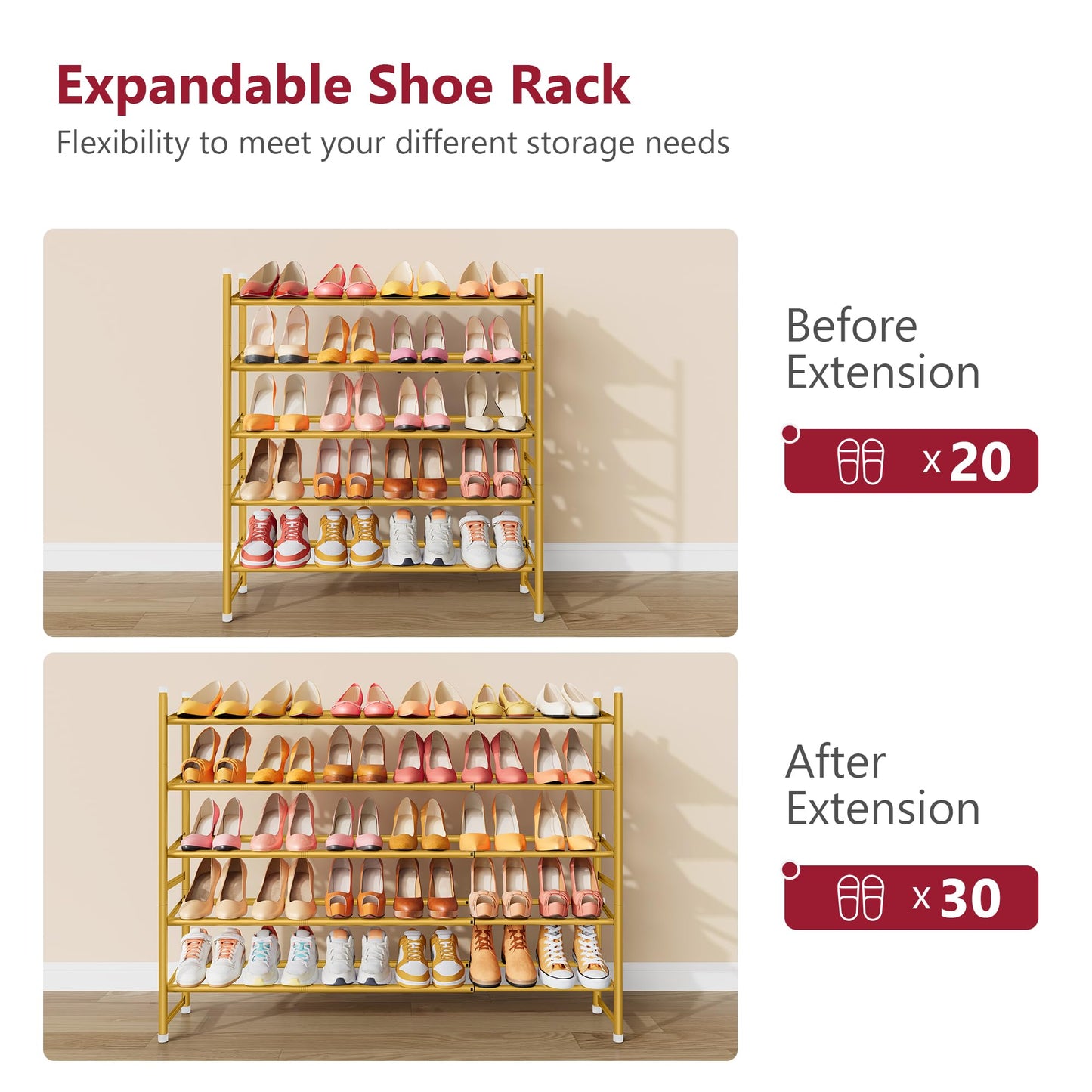 Tajsoon Expandable Shoe Rack for Closet 5 Tier, 29“-41“Adjustable & Stackable Shoe Shelf Storage, Metal Shoe Rack Organizer for Front Door Entrance