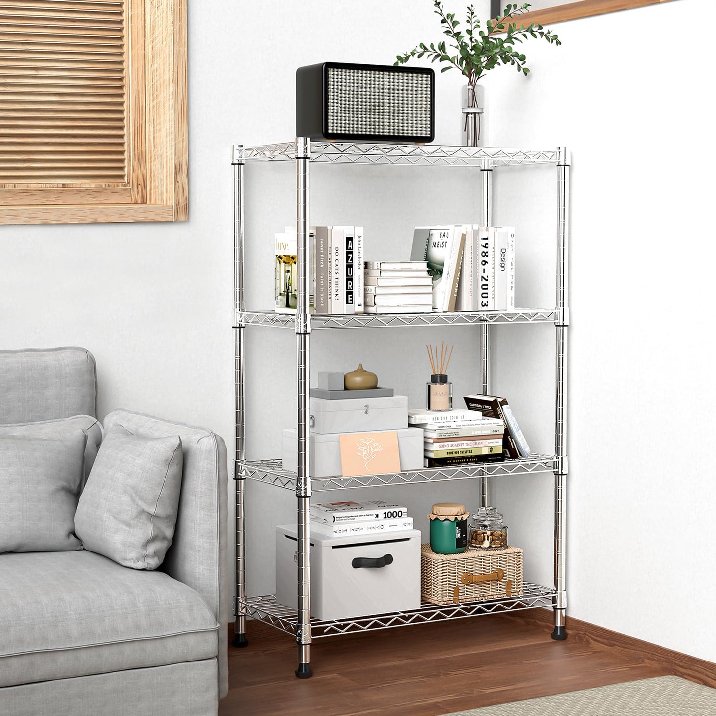 M MZG Height Adjustable Shelves,Heavy Duty Wire Pantry Shelving for Tool Sheds, Garage, and Storehouse,Metal,Chrome 4 tier,35 x 60 x 135.8 cm