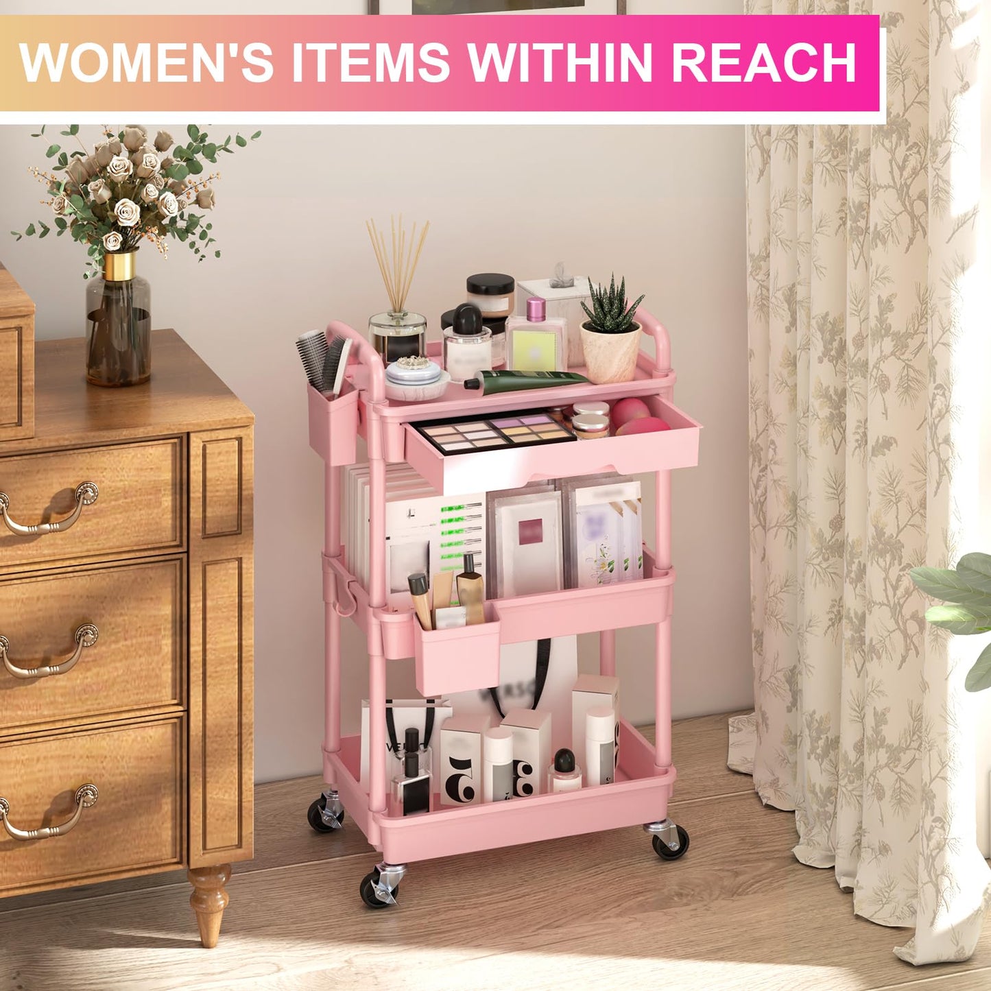 Yeabett 3 Tier Craft Trolley, Storage Trolley On Wheels Utility Cart With Drawer For Kitchen, Bathroom, Office, Living Room, Pink