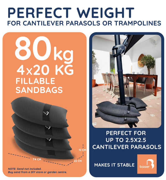 Baser - Outdoor fillable curved sandbags, 4 x 20 KG fillable weight bags for parasols, cantilevers and garden accessories