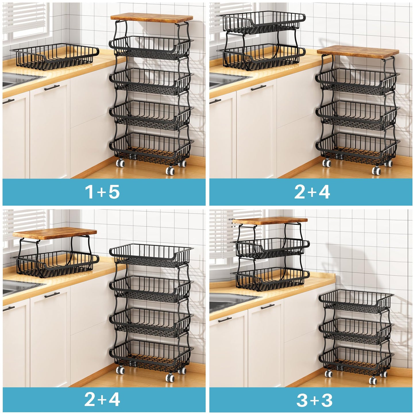 6 Tier Pantry Organisers and Storage Vegetable Fruit Basket for Kitchen, Stackable Flexible Design