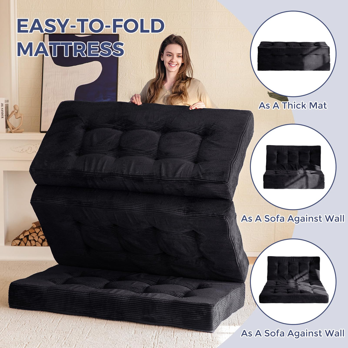 MAXYOYO Folding Mattress, Comfy Corduroy Foldable Mattress with 15cm Thicken Foam, Tri-Fold Floor Futon Sofa Bed for Guest,Black,Double