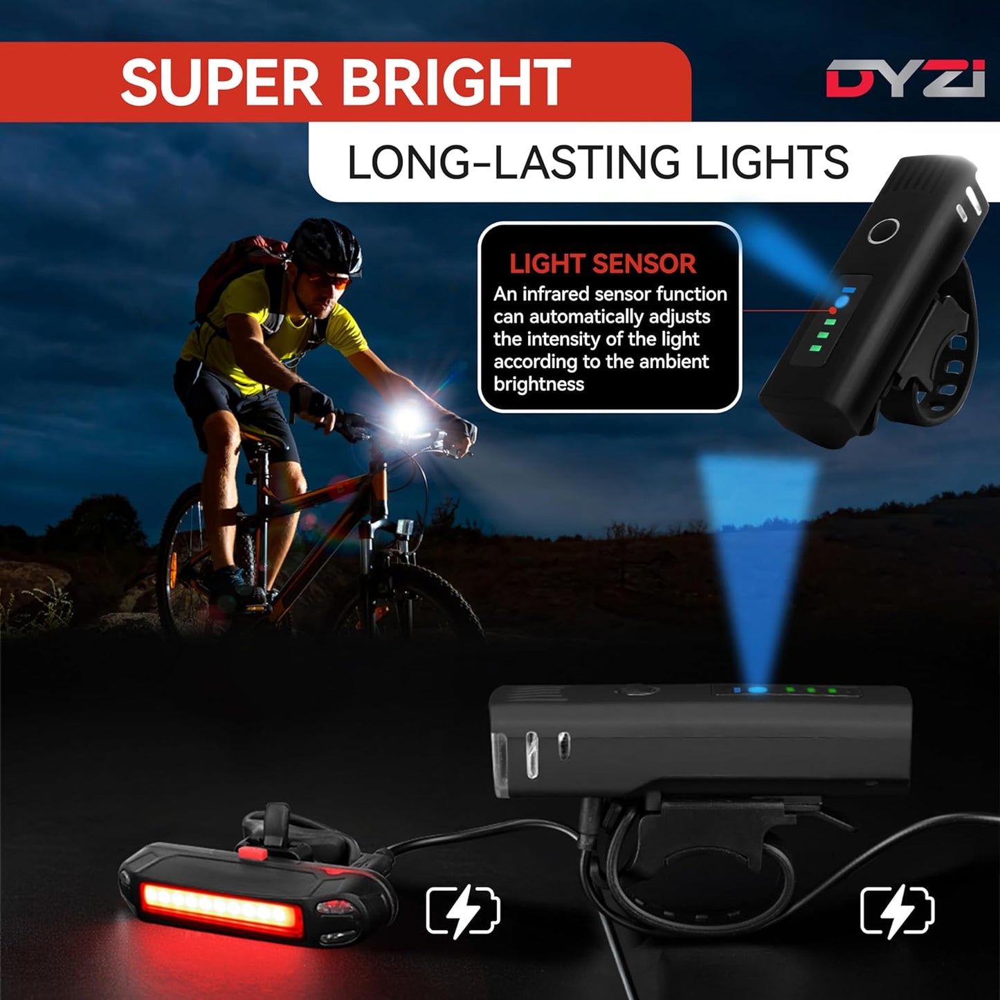 Dyzi Bike Lights - USB Rechargeable Ultra Bright Front & Back Bike Light Sets - 4 Light Modes With Daylight Sensor - Easy to Fit and Mount LED Bicycle Lights