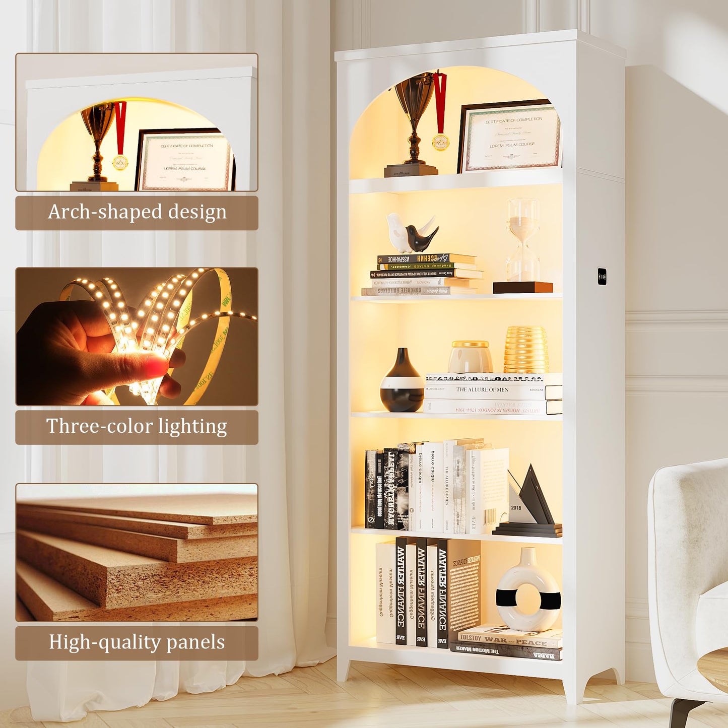 FREDEES Arched Bookcase with LED Lights, 175CM Tall, White