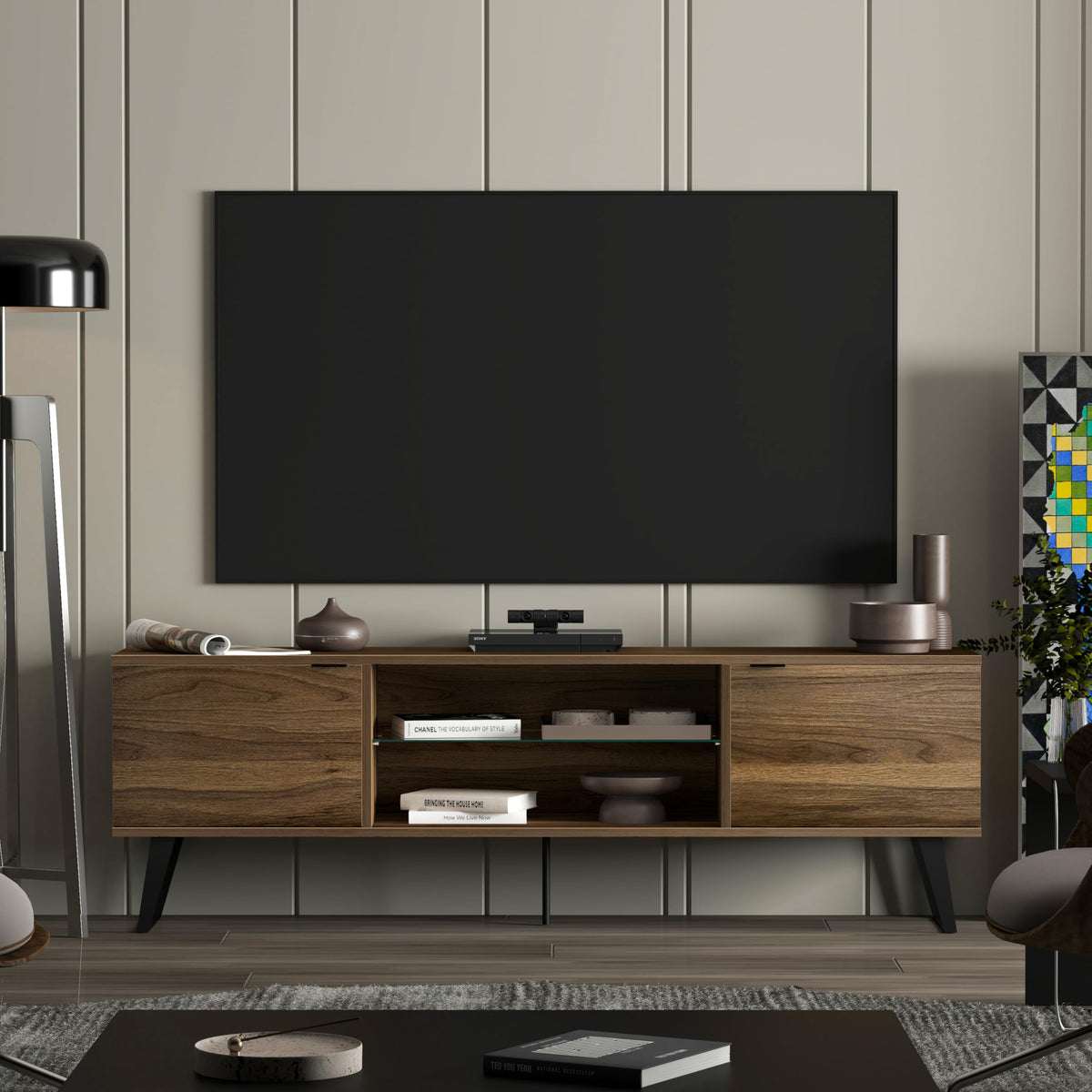 Uniqtrio TV Stand Cabinet | Walnut TV Unit with Glass Shelf | TV Cabinet | TV Stand Unit | TV Units for Living Room | TV Table |Soft Closing Hinges