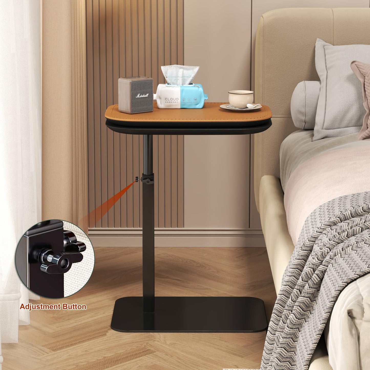 Adjustable Height C Shaped Side Table, 360°Swivel Bedside Table, Double Tabletop Laptop TV Tray Table Narrow End Table for Sofa/Bed