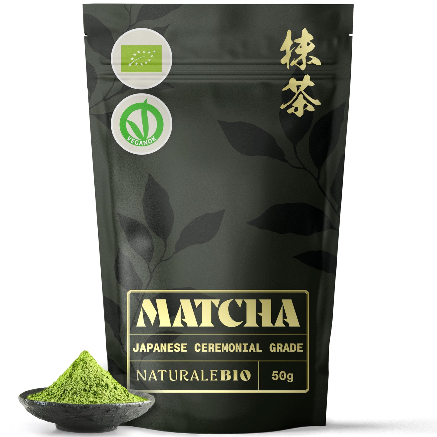 NaturaleBio Organic Ceremonial Grade Matcha Powder, 50g. From Uji, Kyoto for Traditional Japanese Tea Ceremony. Green Tea Free of Added Sugars and