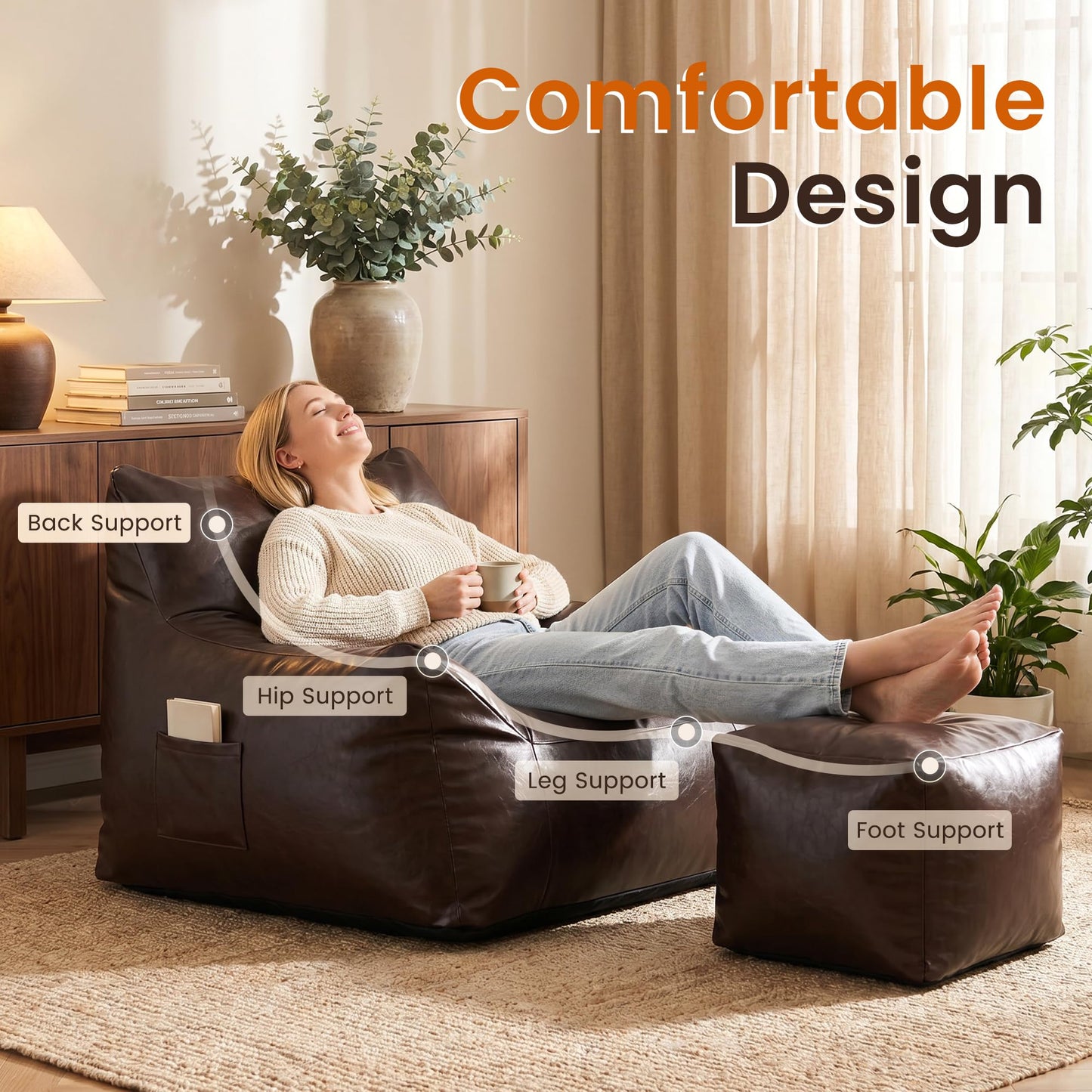 Pamapic Bean Bag, Bean Bag Chair Indoor Outdoor Weather Resistant, Large Beanbag Sofa with Footstool, BeanBag Adult with FIlling Included