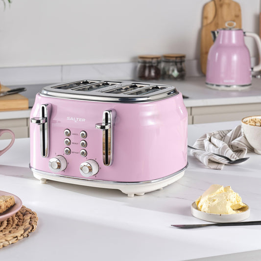 Salter Retro Pink 4-Slice Toaster Wide Slots, 6 Browning Levels, Defrost, Reheat, Cancel Functions, Removable Crumb Tray, Extra Thick Bread,