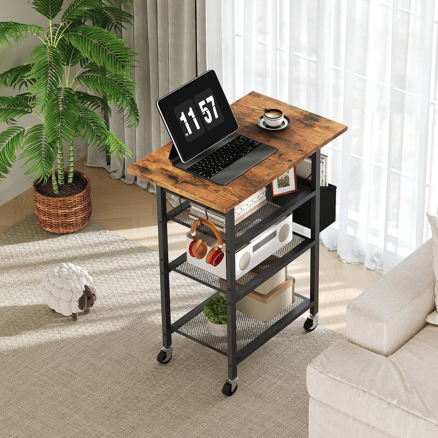 MAHANCRIS 4-Tier Printer Stand, Rolling Printer Table on Wheels, Industrial Storage Stand with Side Pocket, Wooden Tabletop