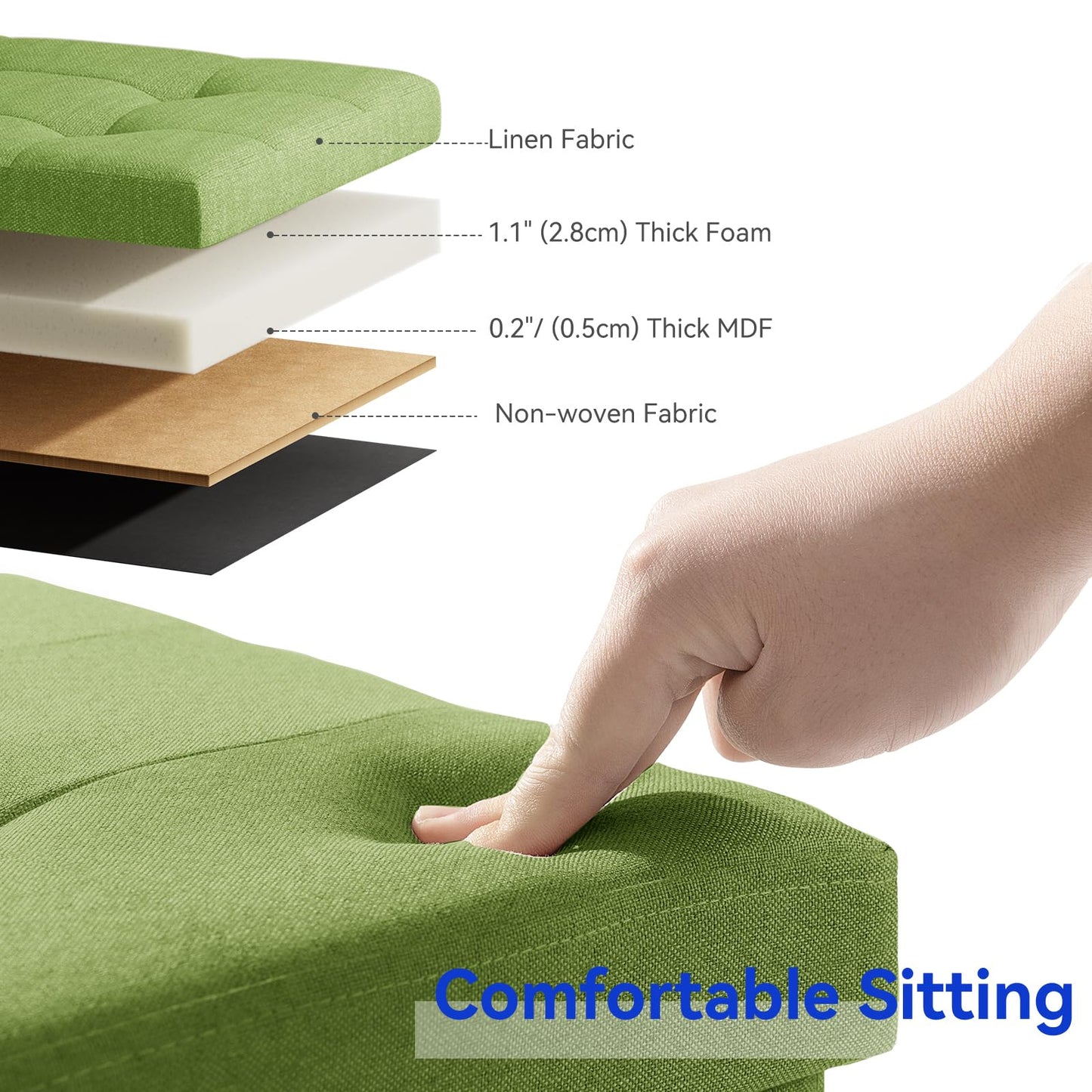 BRIAN & DANY Ottoman Storage Box with 4 Wood Legs, Linen Storage Ottoman for Living Room, Green, 76 x 38 x 38 cm