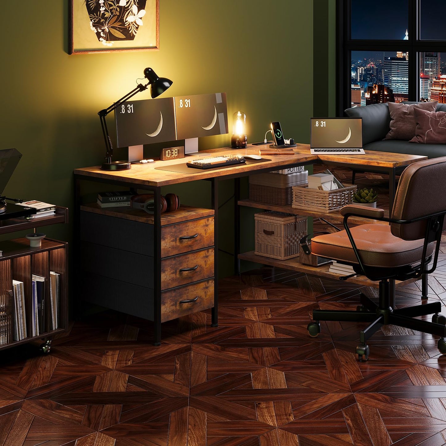 CAIYUN 120cm Corner Desk with Drawers, Reversible L shaped Computer Desk with Power Outlet, Home Office Desk with USB Charging Port, Rustic Brown
