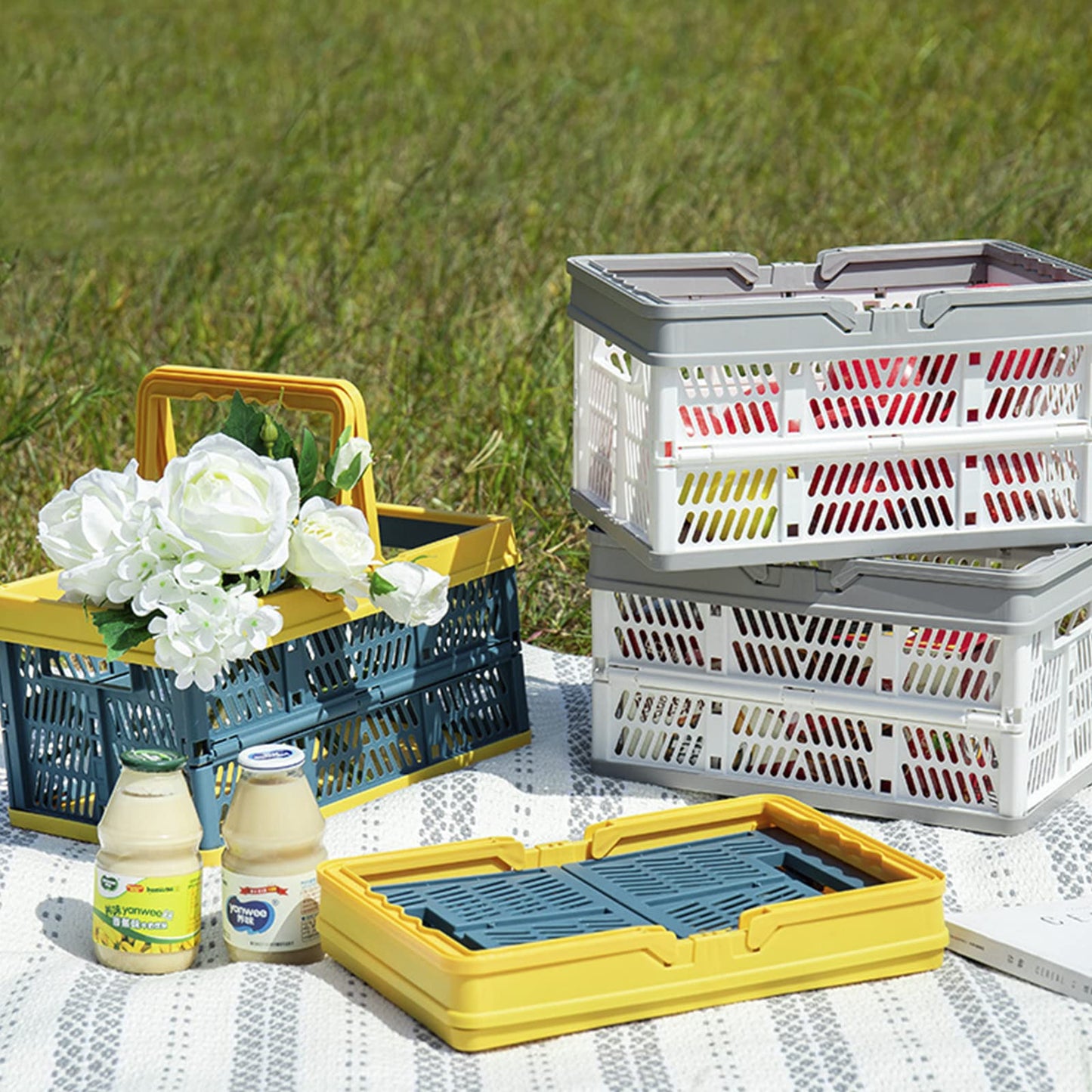 Xaztr 3 Pack Collapsible Plastic Storage Crates with Handles, Stackable