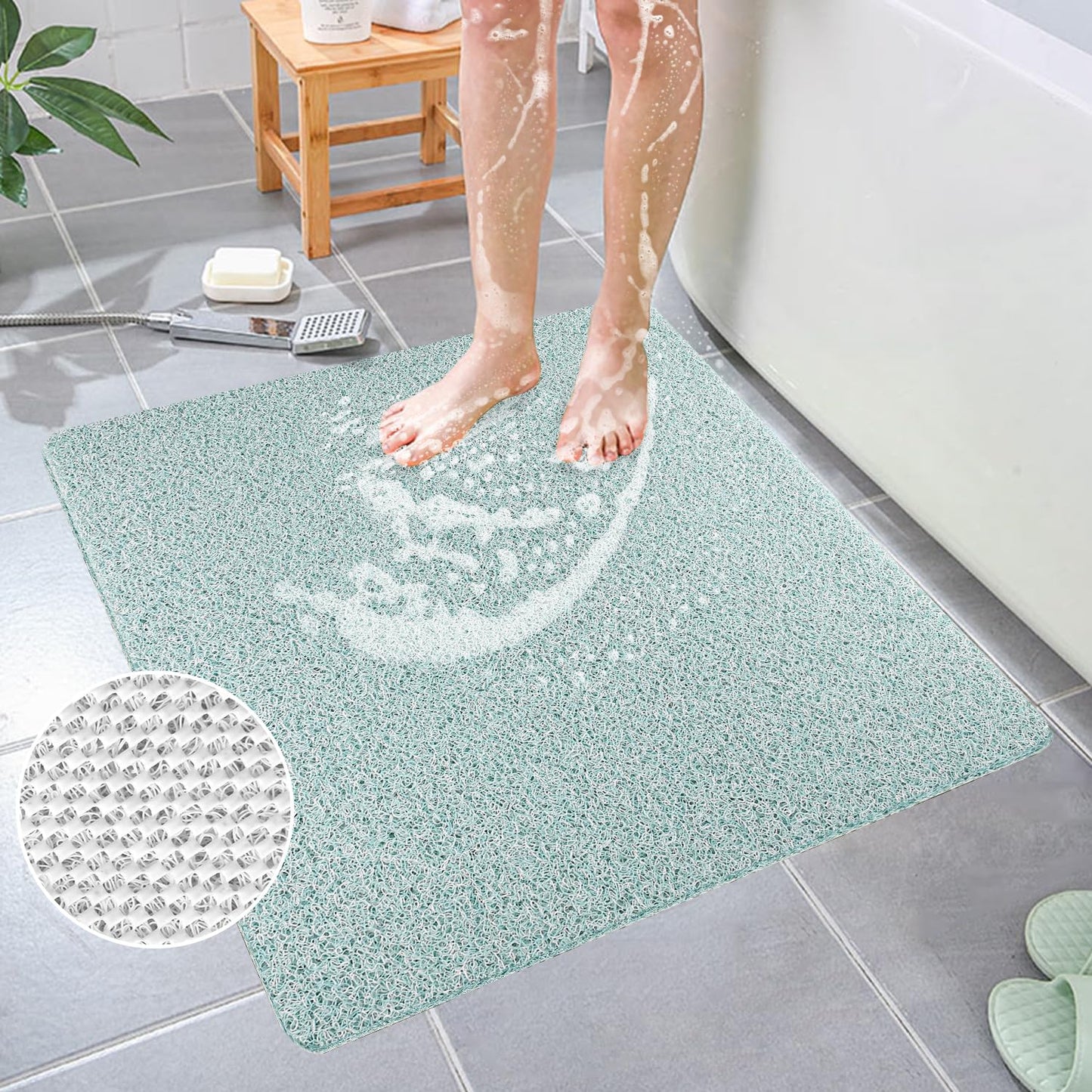 Square Shower Mat, Non Slip Anti Mould Bath Mat 80 x 80 cm, Loofah Shower Mats for Inside Shower, Washable Bath Mats with Drain, Quick Dry Bath Mat