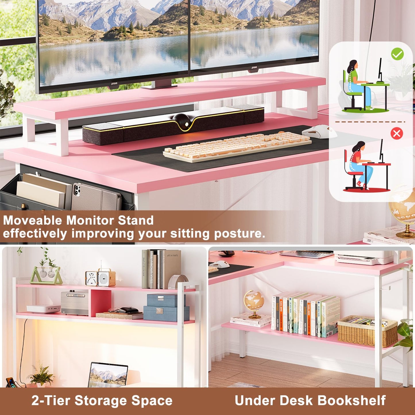 iSunirm L Shaped Gaming Desk with Power Outlets & LED Lights, Small L- Shaped Computer Corner Desk with Monitor Stand & Storage Shelf
