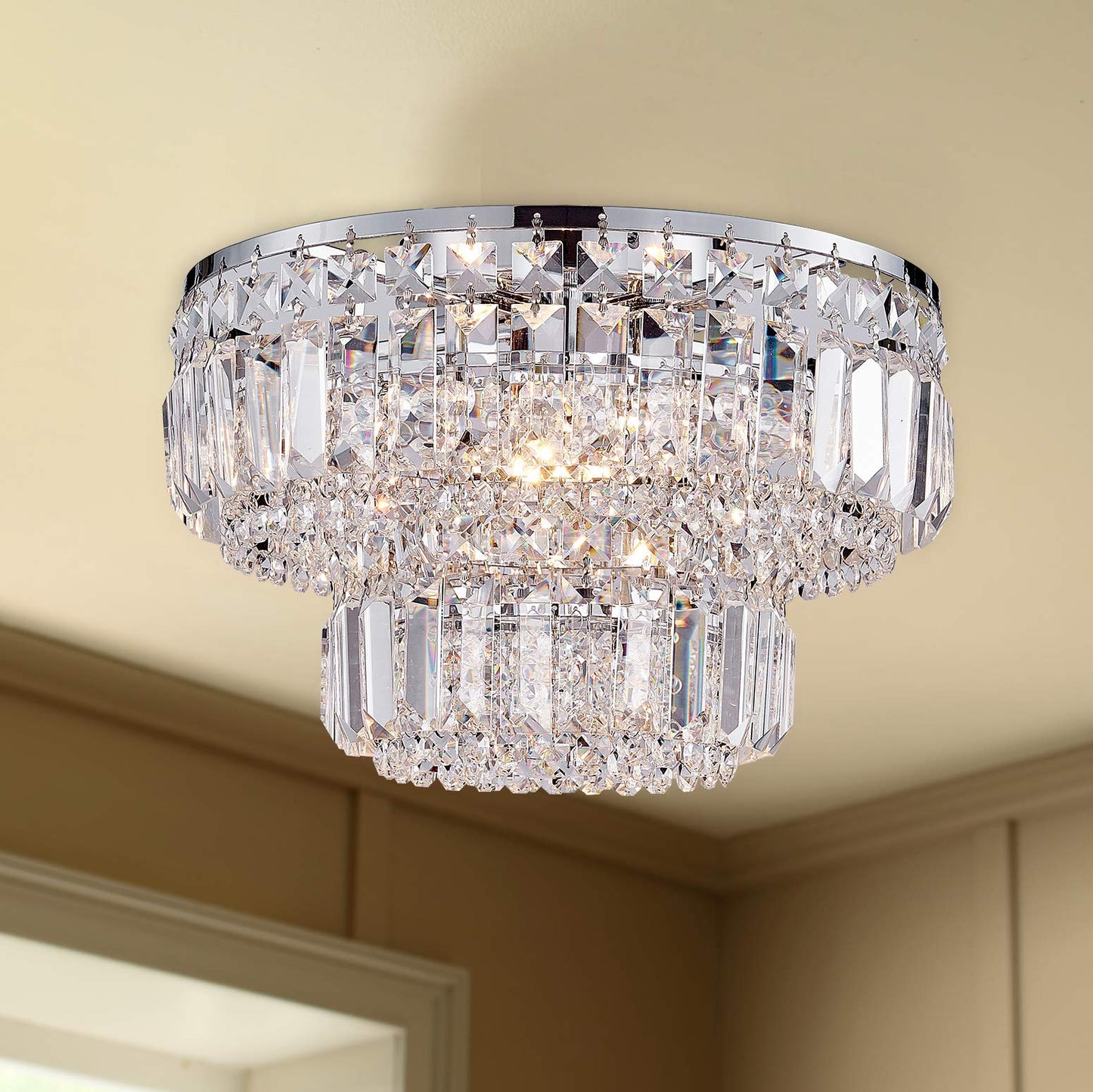 BESTIER Modern Chrome Crystal Flush Mount Chandelier Lighting LED Ceiling Light Fixture Lamp for Dining Room Bathroom Bedroom Livingroom 4 G9 Bulbs