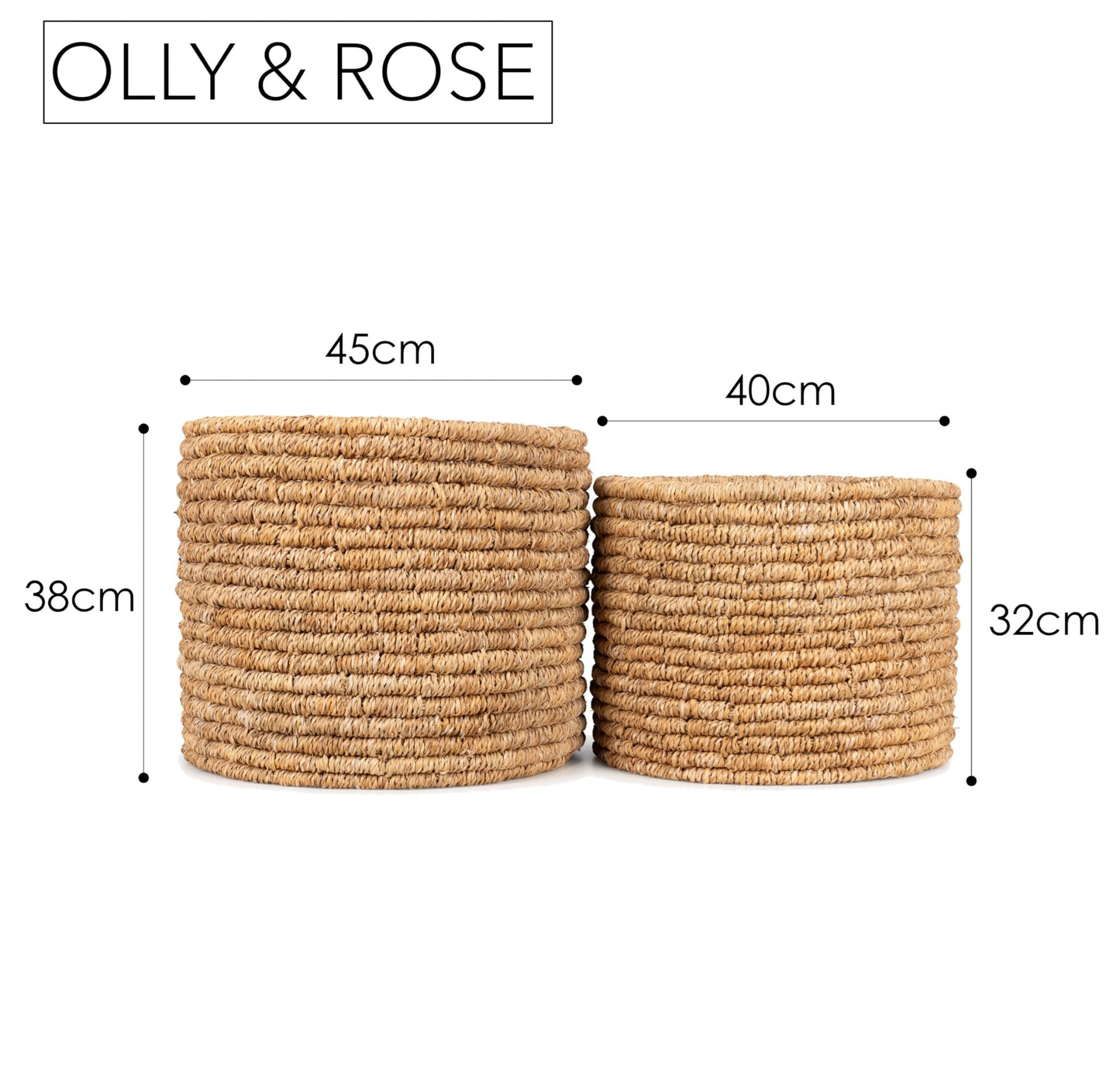 Olly & Rose Large Storage and Laundry Baskets - Set 2 45cm and 40cm Diameter - Ringed Finish - Seagrass Wicker Basket Premium Home Decor