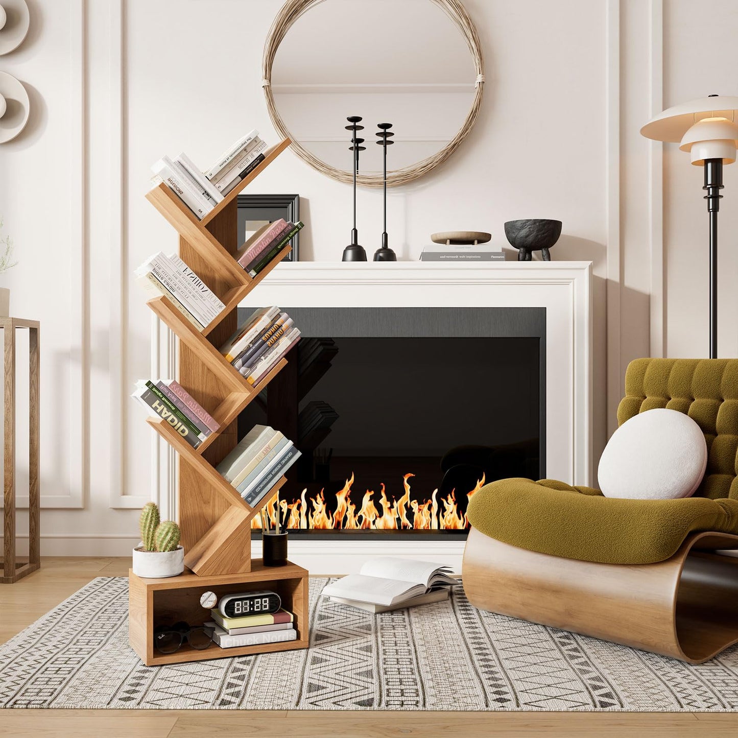 YMYNY 6 Tier Tree Bookshelf, Tall Bookcase, Wood Book Storage Rack with Drawer, Modern Floor Standing Book Shelf for Books/Movies/CDs