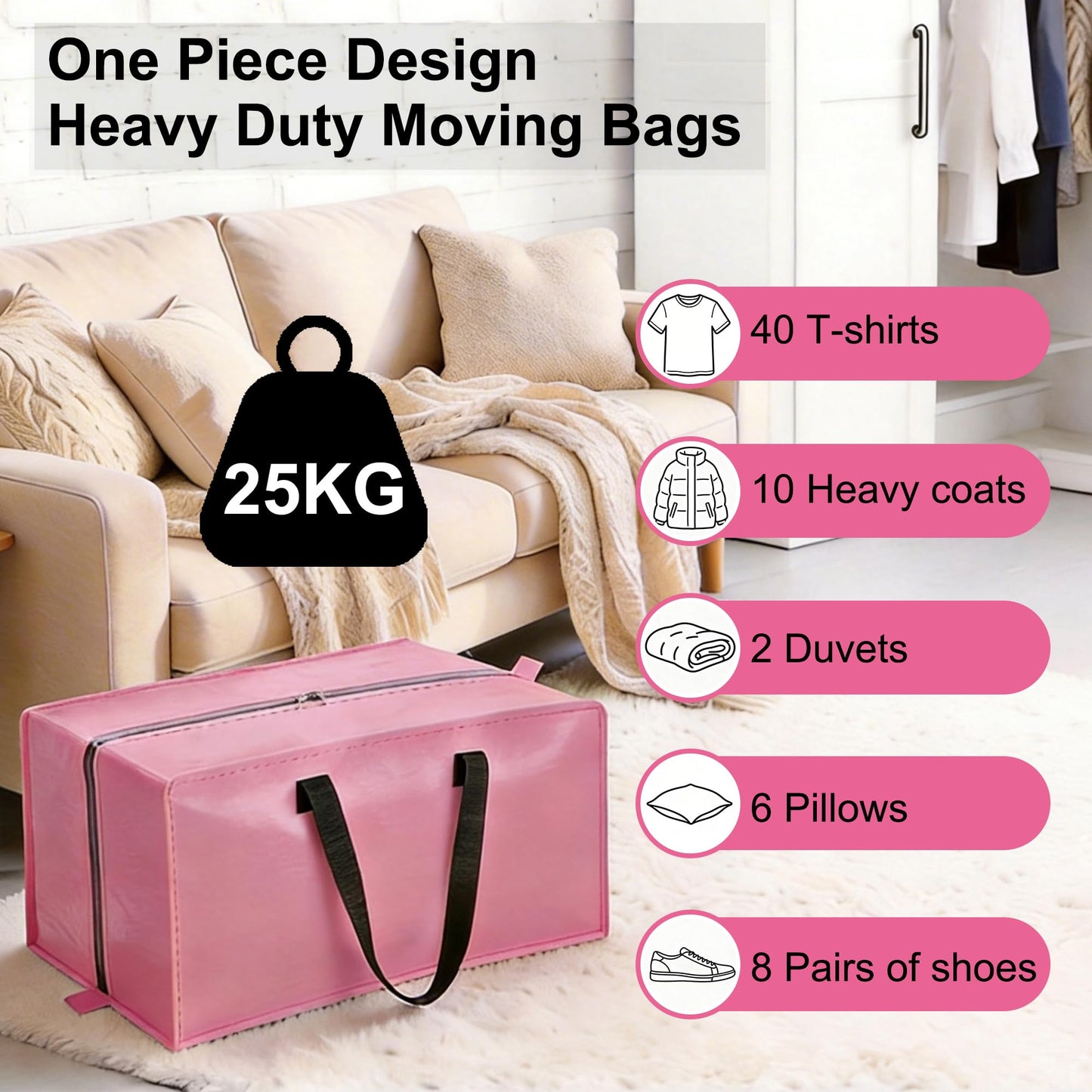 SANNAX 6 Pack 83L Pink Moving Bags, Foldable Storage Bags with Double Zips