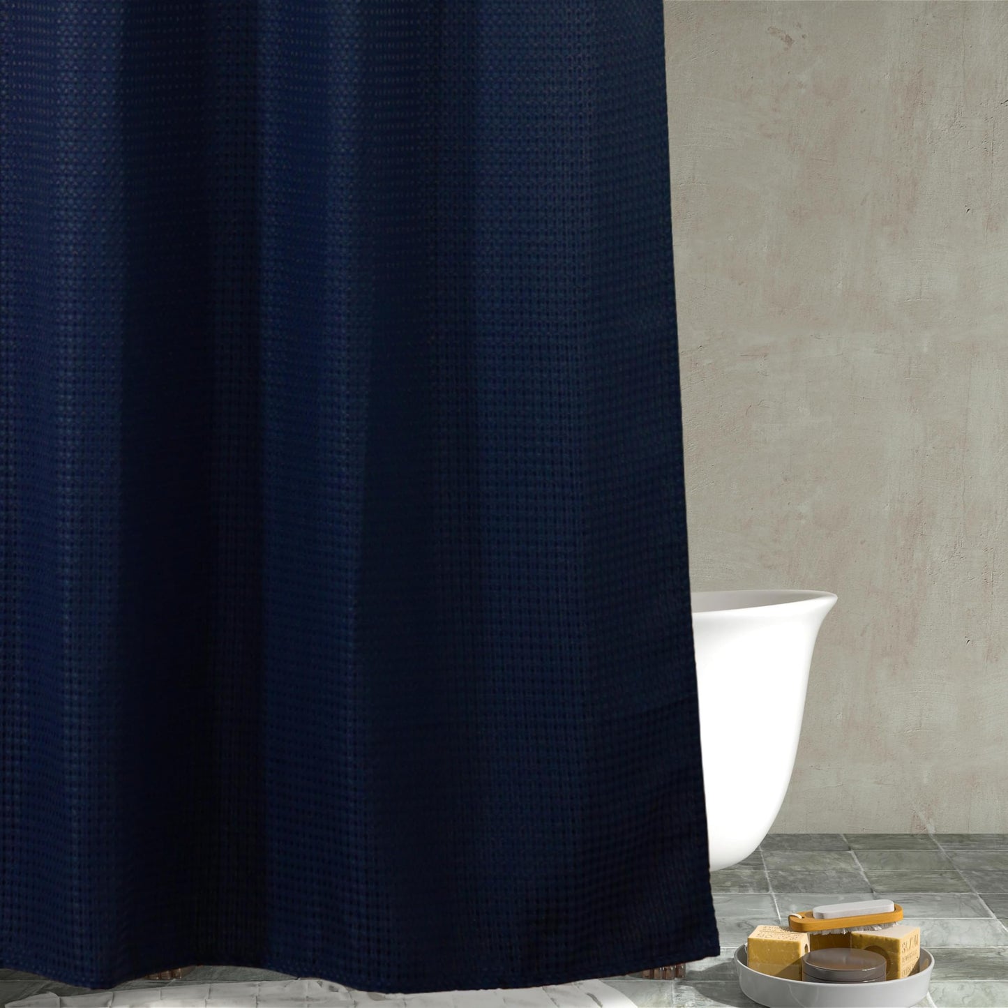 Navy Blue Waffle Shower Curtain: Heavy Duty Textured Fabric Shower Curtain for Bathroom - Water Repellent Washable Thick Polyester Cloth Bath Curtain