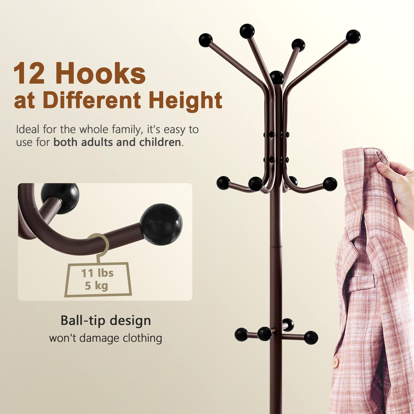 Hoctieon Coat Rack Freestanding, Coat Tree with Umbrella Holder, Metal Coat Rack Stand with 12 Hooks, Standing Coat Hanger Stand