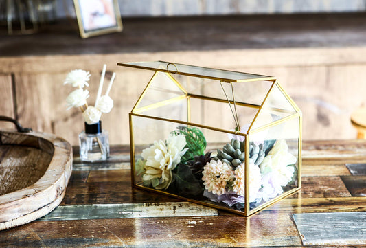 House Shape Close Glass Geometric Terrarium Tabletop Succulent Plant House Garden Planter Moss Fern Swing Lid, Flower Pot for Plants Succulent, Air