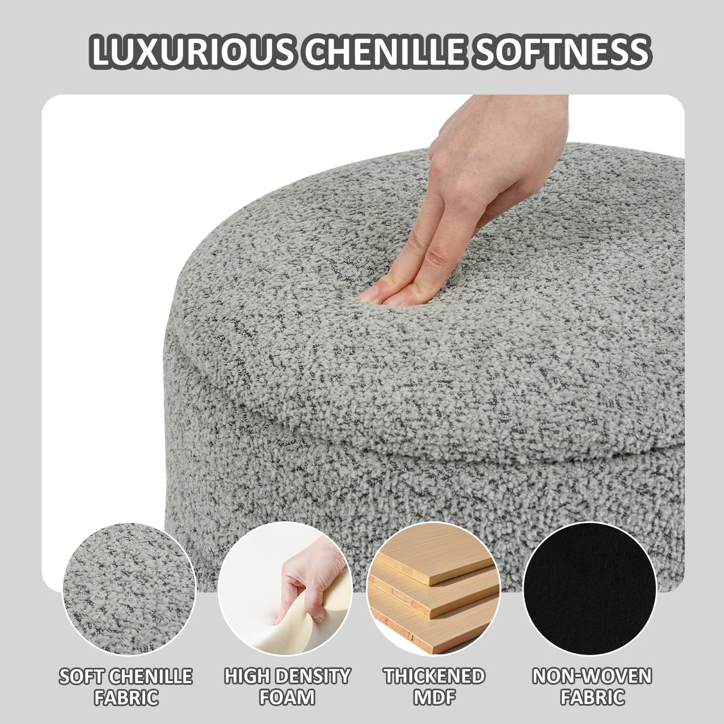 PINPLUS Round Chenille Storage Ottoman, Tray Top, 39x39x37 cm, Grey