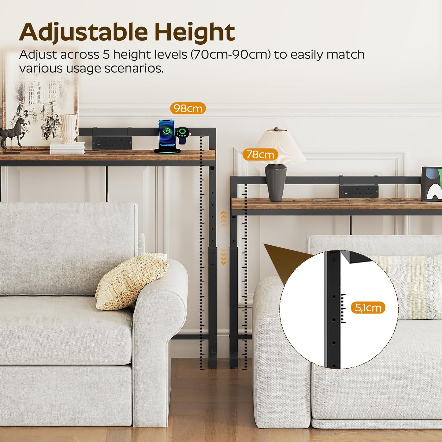 YATINEY 180 cm Slim Console Table with Adjustable Height (70 cm-90 cm), Behind Sofa Table Skinny with Outlet, Long Entryway Table