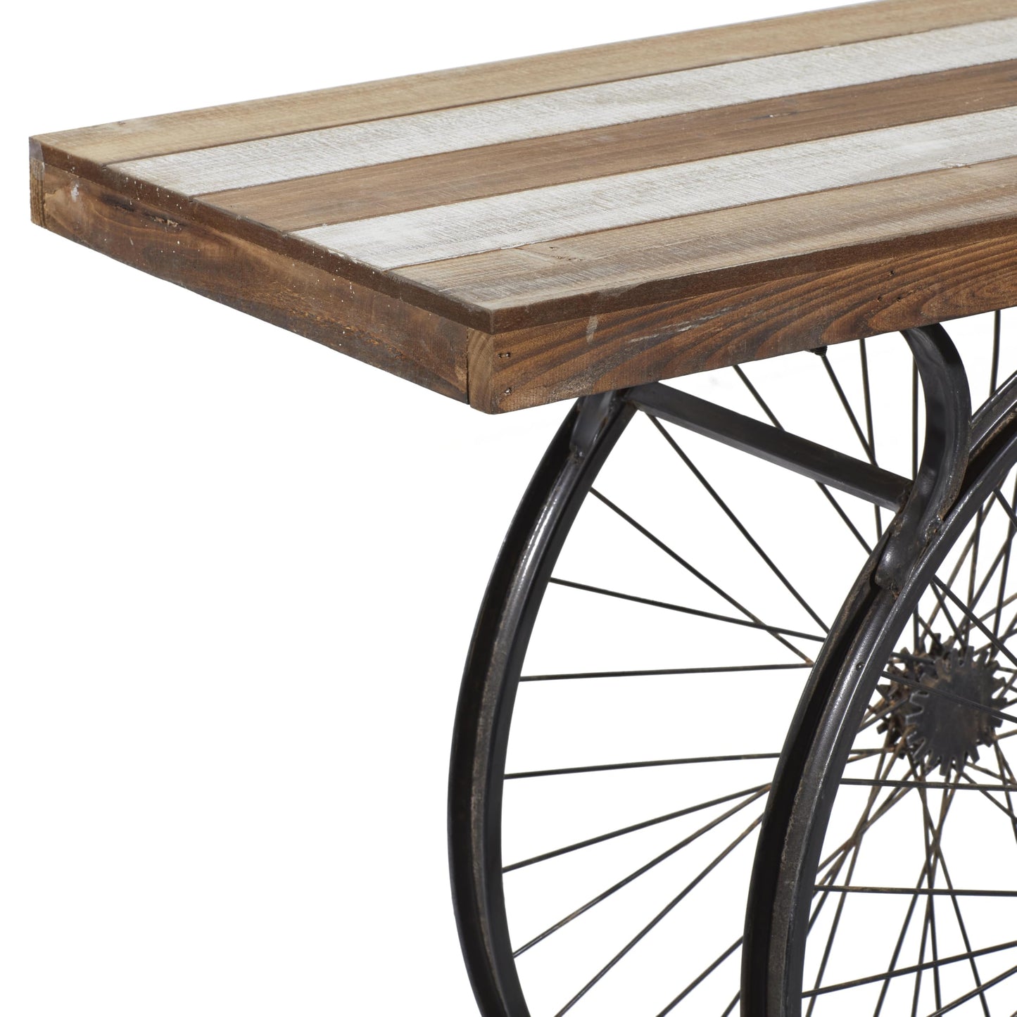 Deco 79 Wood Bike Wide Slatted Top Console Table with Dual Wheel Frame and Tiered Base, 39 Inch x 12 Inch x 25 Inch, Brown
