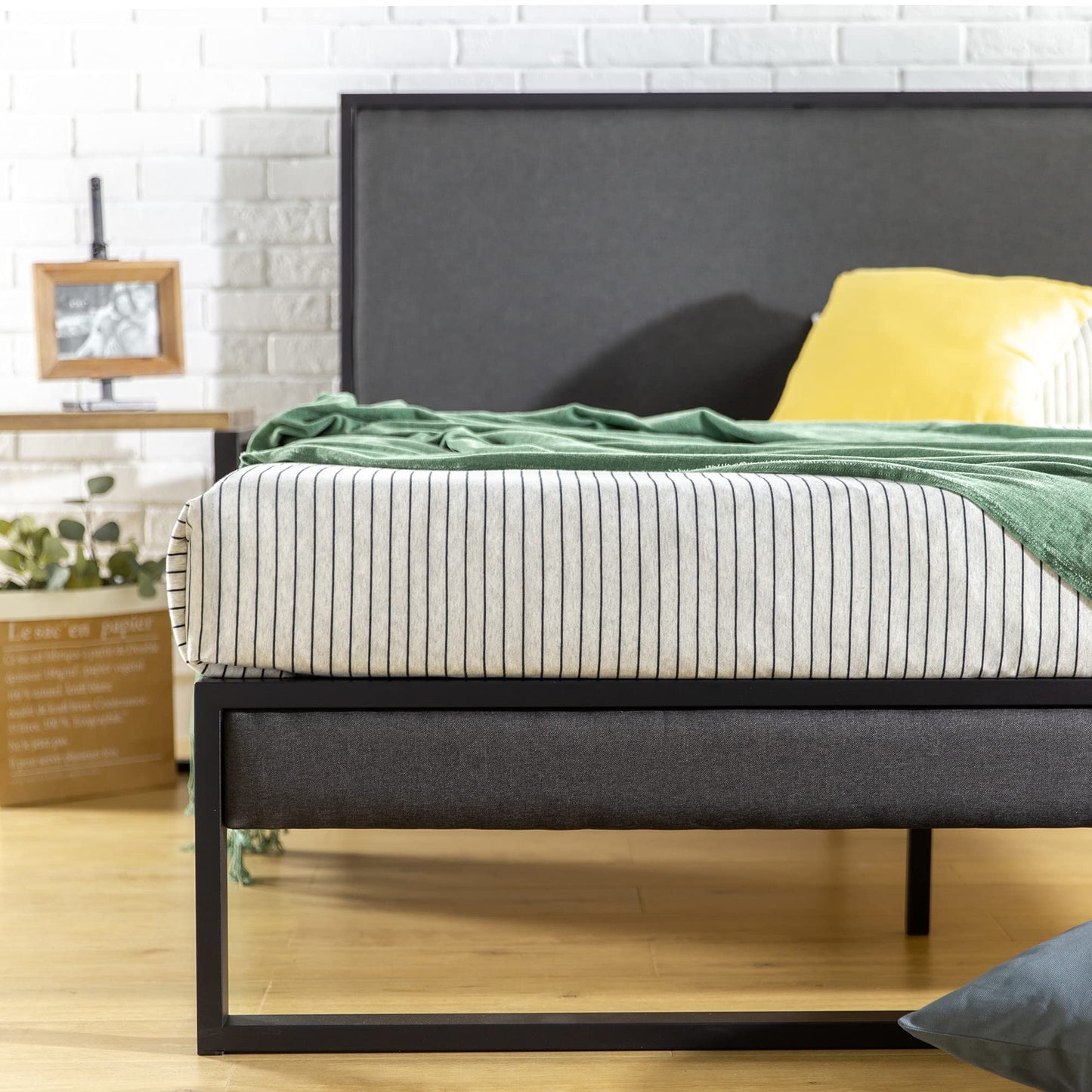 Zinus Christina Upholstered Bed Frame with Headboard | Super King 180 x 200 cm | 36 cm High | Wood Slat Support | Easy Assembly | Grey