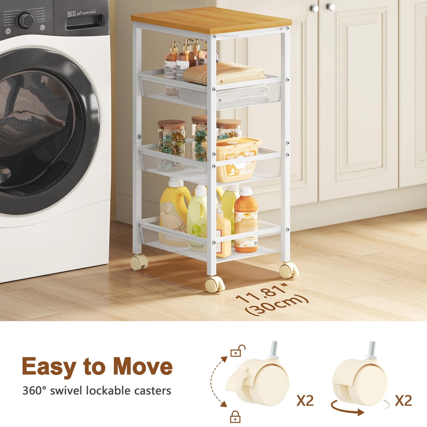 Hoctieon Rolling Storage Cart, 4-Tier Wide Panel Rolling Kitchen Storage Cart, Utility Cart with Handle & Wheels, Mobile Shelving Unit