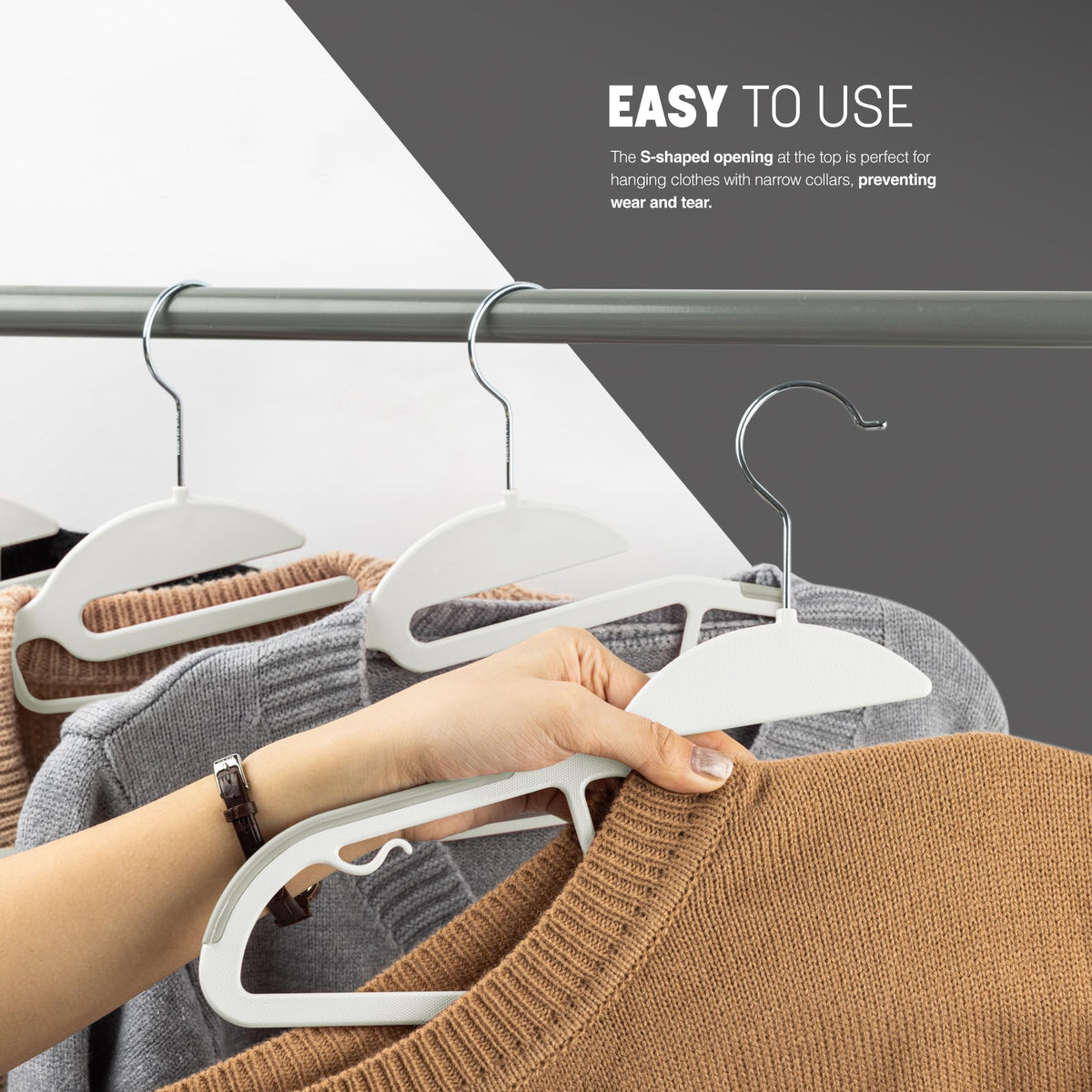 KEPLIN 20-Pack Non-Slip Hangers – Durable, Slimline Design for Space Saving with 360° Swivel, Tie Organiser, Strap Hooks, and S-Shape Opening White