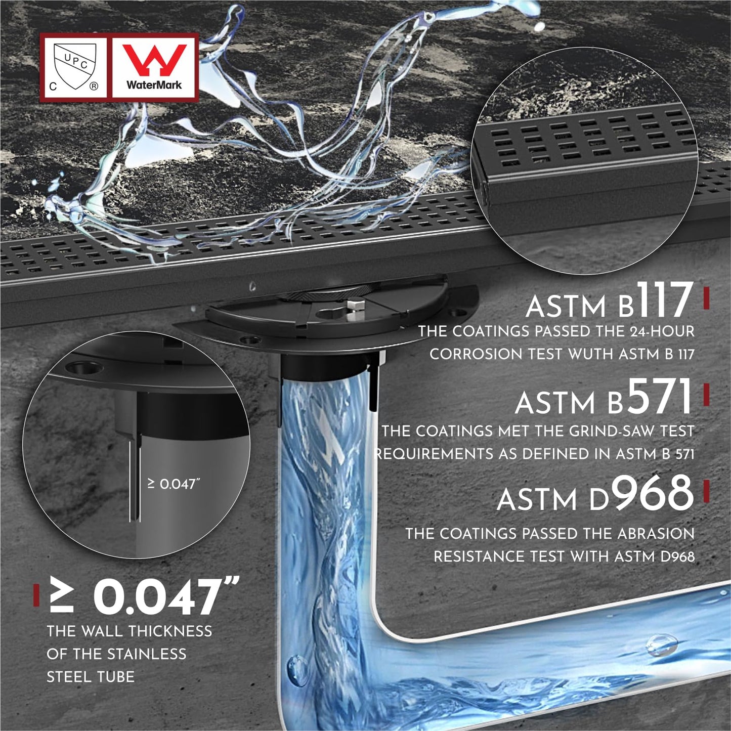 WEBANG 24 Inch Rectangular Linear Shower Floor Drain With Accessories,Quadrato Pattern Grate Removable,Food-grade SUS 304 Stainless