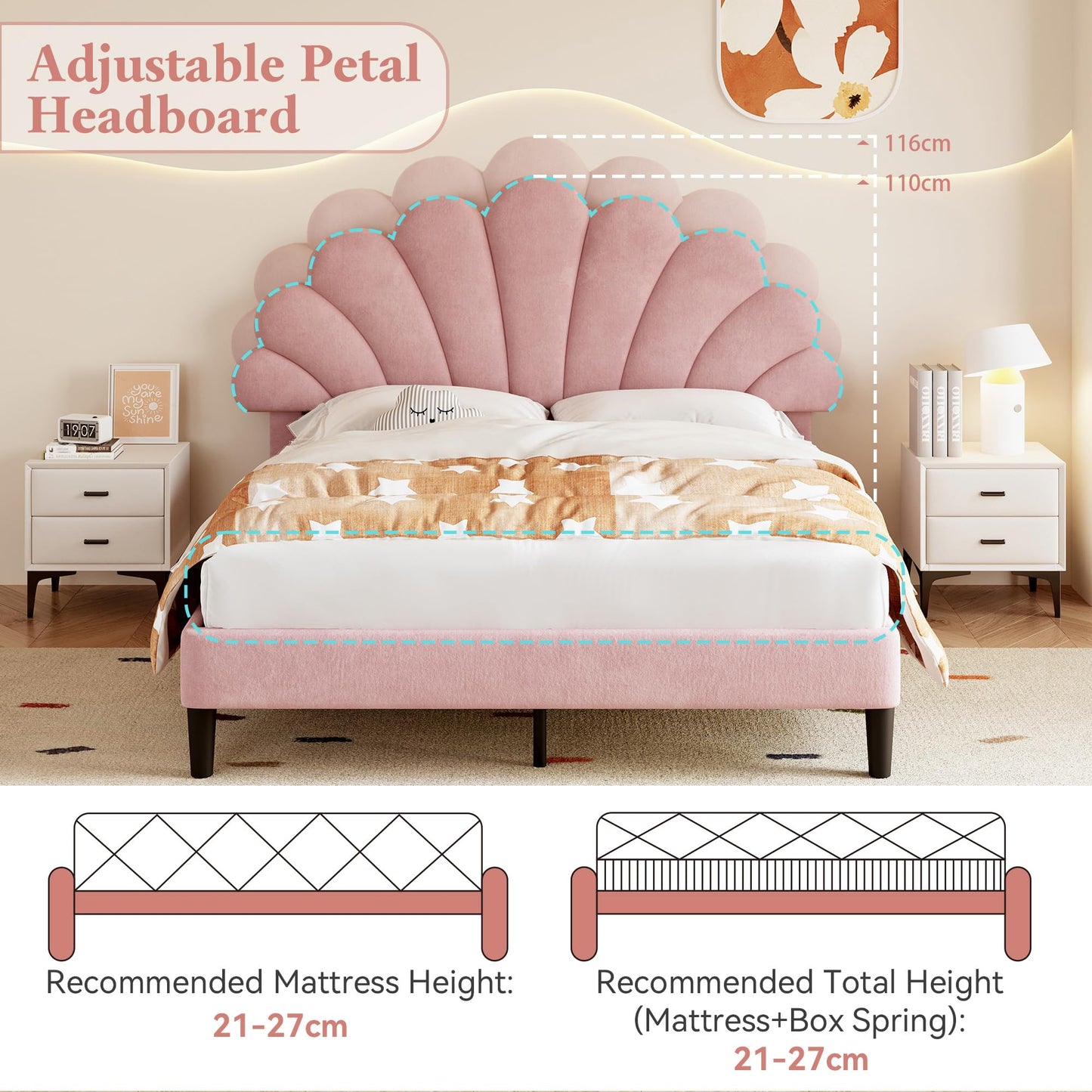 Ball & Cast Double bed frame, 4ft6 Double Upholstered Bed, Adjustable Chic Petal Headboard, Sturdy Wooden Slat Support, Velvet Fabric (No Mattress)