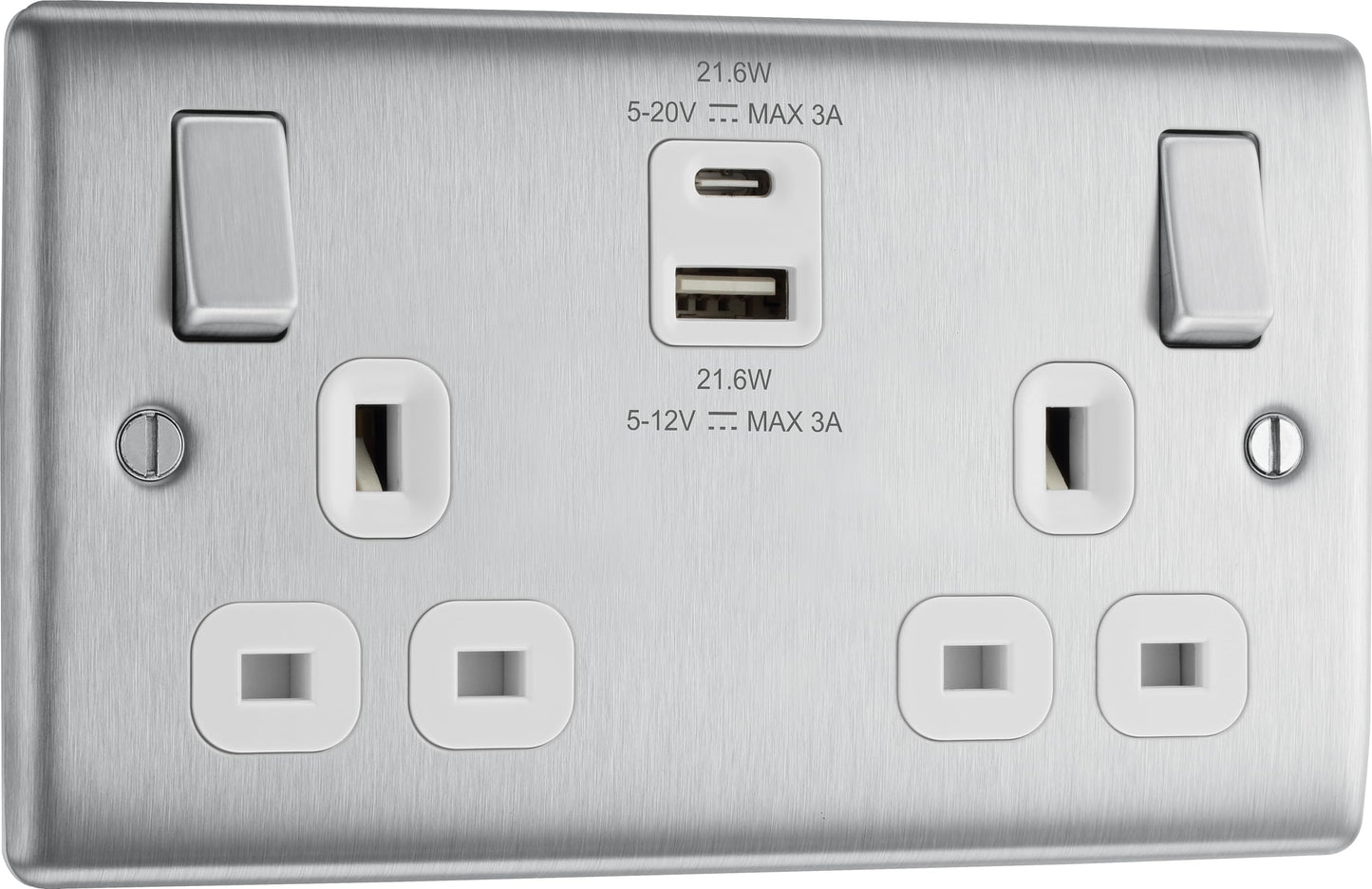 BG Electrical 22W Double Switched Wall Plug Socket with Fast Charge Type A & C USB Charging Ports, Nexus Metal, Brushed Steel, White Inserts, 13A,