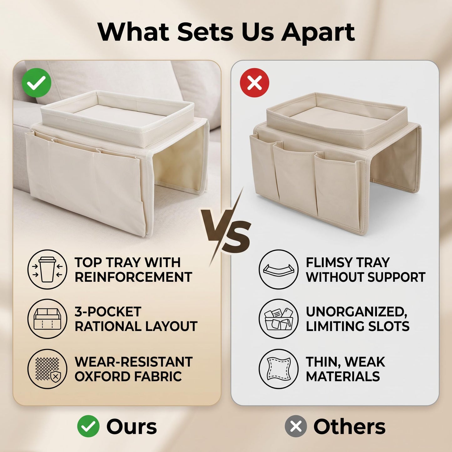 Ejoyous Sofa Armrest Organizer, 4 Pockets Couch Bag for TV Remote Control, Oxford Cloth Armchair Storage with Cup Holder Tray (Beige)